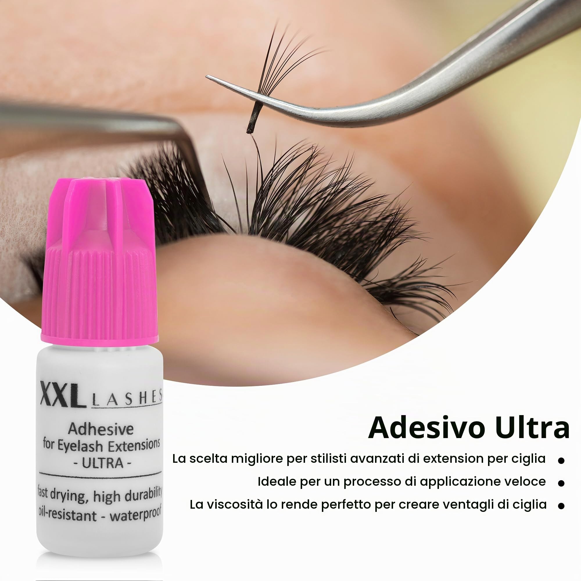 Adesivo per allungamento delle ciglia XXL Lashes "Ultra", Colla per per extensione delle ciglia, resistente all'olio, alta durata, asciugatura rapida, impermeabile, 5 ml