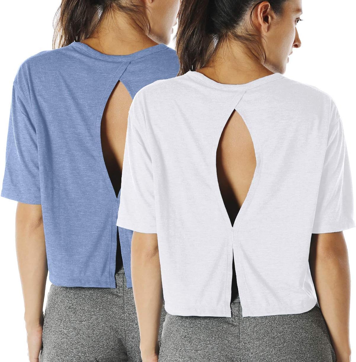 icyzone Open Back Workout Top Shirts - Yoga t-Shirts Activewear Exercise Crop Tops for Women(Pack of 2)