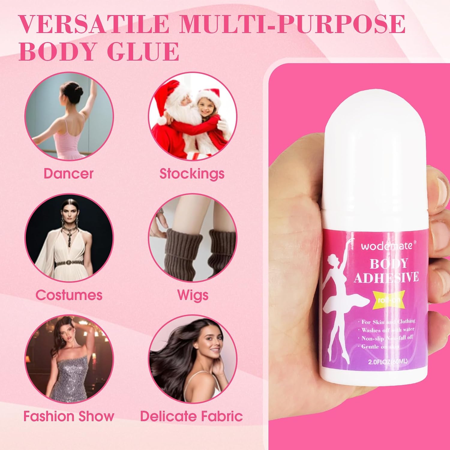 Body Glue for Clothes & Skin, Strong Body Adhesive Roll On-Sweat Resistant & Washable, Invisible Fashion Glue for Dancers, Leotards, Socks, Bras, Wigs & Costumes 2.0 Oz / 60ml