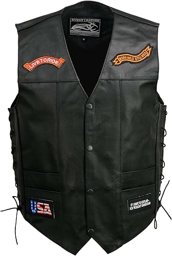 Miniatura 8 de EVENT LEATHER 6 bolsillos ELM3930 - Chaleco de cuero genuino de motocicleta para hombre, 9 parches, chalecos de motociclista con transporte oculto -