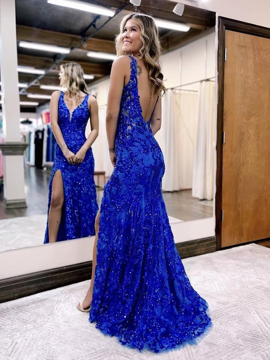 Sparkly Sequin Prom Dresses with Slit for Women 2025 V Neck Mermaid Long Formal Gowns Backless Evening Dresses