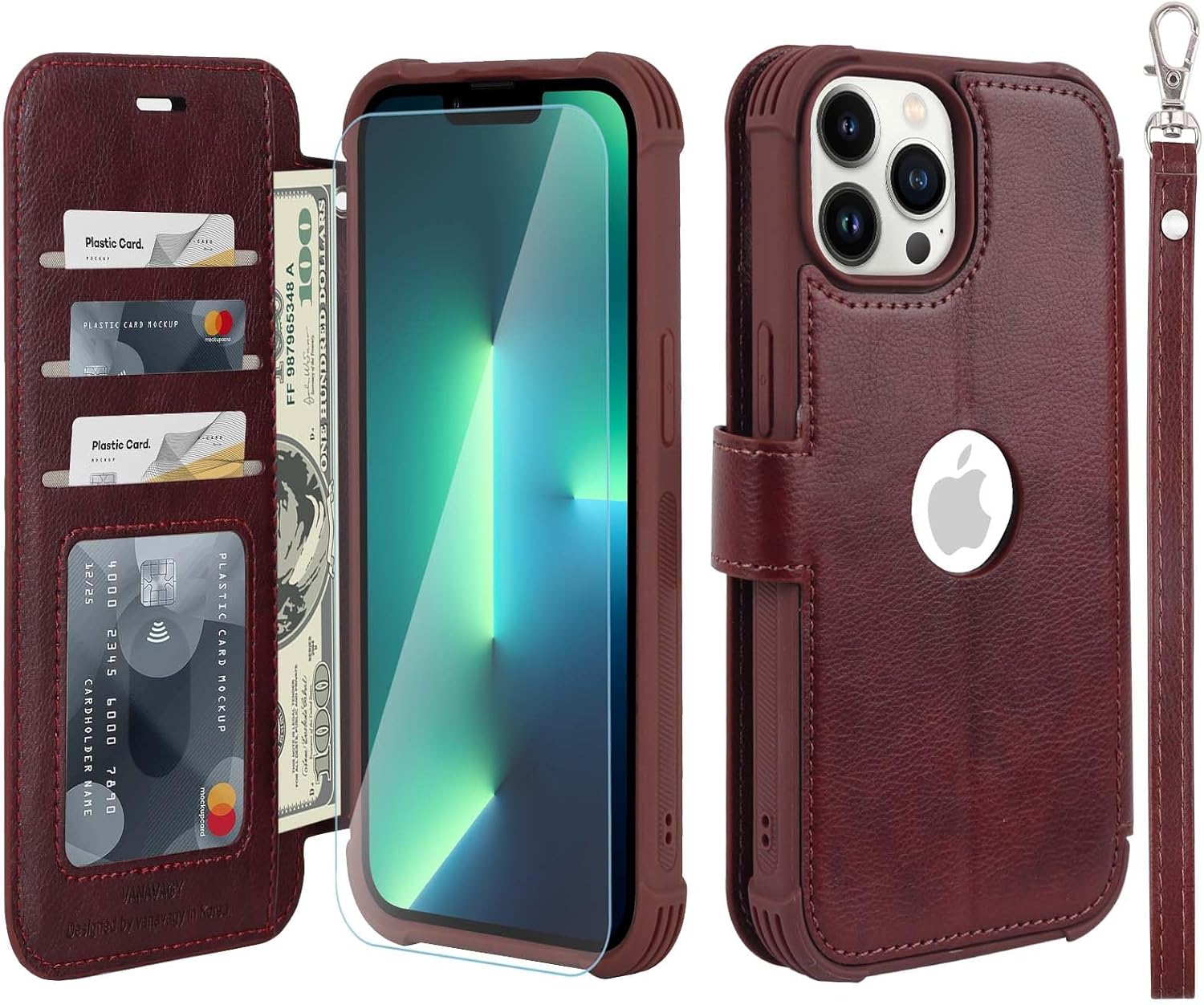 VANAVAGY Compatible for iPhone 13 Pro Max Wallet Case for Women Men, PU Leather Flip Folio Cover with Wristlet for Wireless Charging with RFID Blocking Card Holder Screen Protector,Burgundy