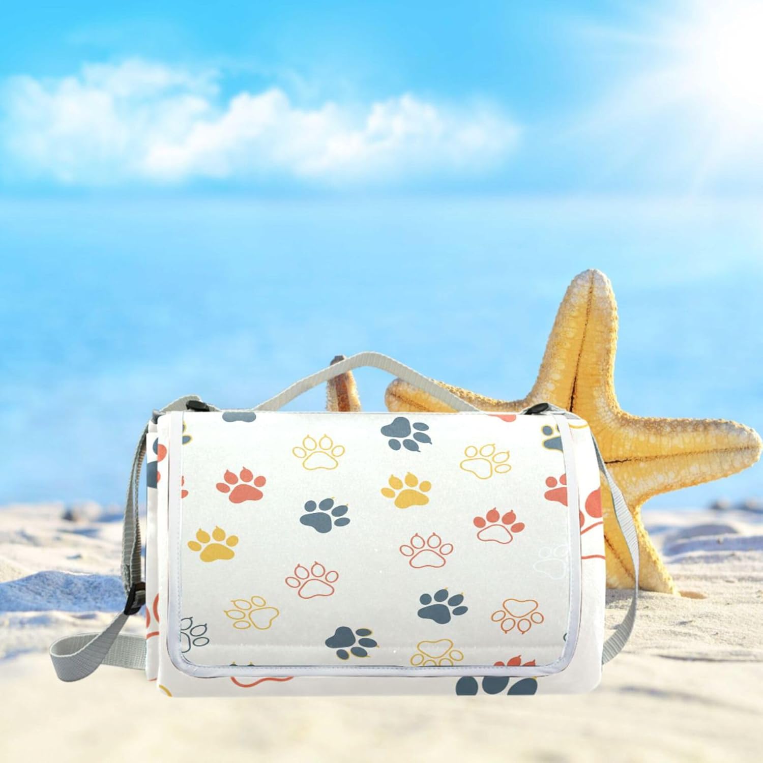 MNSRUU Picnic Blanket Waterproof Foldable, Cute Paw Prints Large Outdoor Picnic Beach Camping Blanket Travel Mat, Shoulder Strap Tote, Rectangle 57x59in