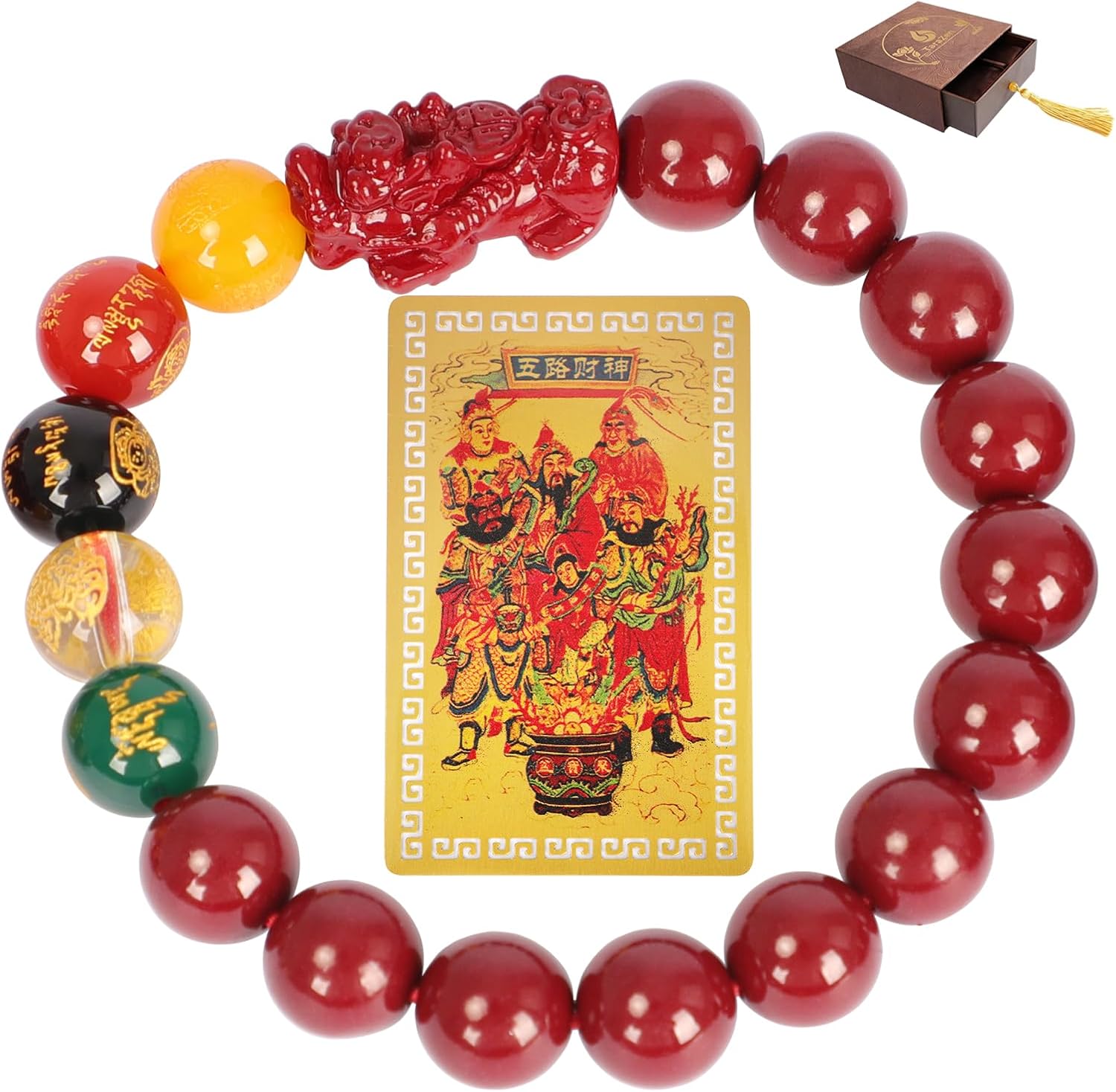 Five Roads Wealth God Cinnabar Pixiu Bracelet - Feng Shui Red String Bracelet for Good Luck & Money Attraction, Fortune Blessing for Men & Women, Adjustable Lucky Charm Bracelet (Classic & Cinnabar Options, 8/10/12mm)