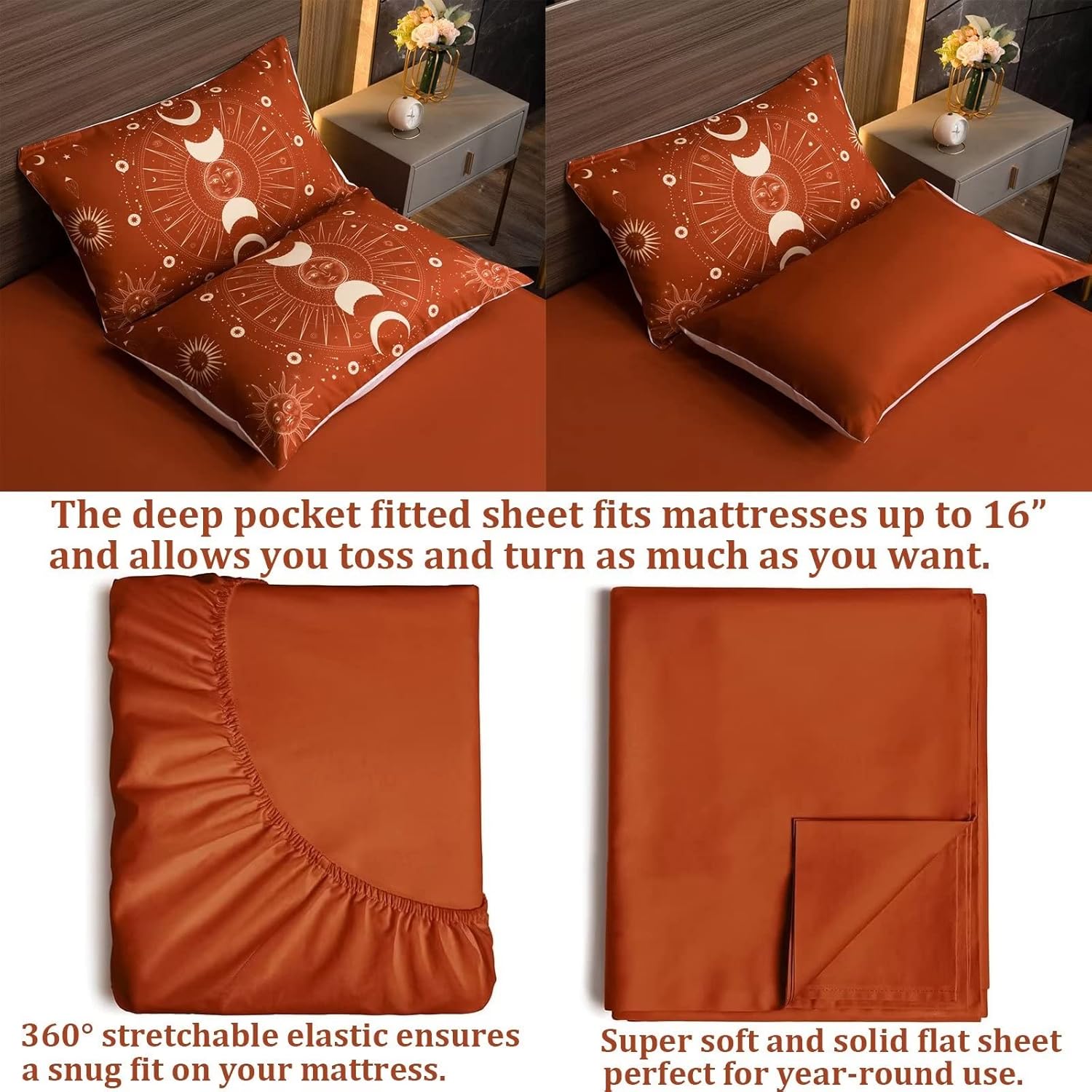 Celestial Bdding 7 Pieces Burnt Orange Comforter Set Boho Bedding Witchy Bedding Set Hippie Bed Set Starry Galaxy Comforter Set Queen Sun and Moon Bed Set Full
