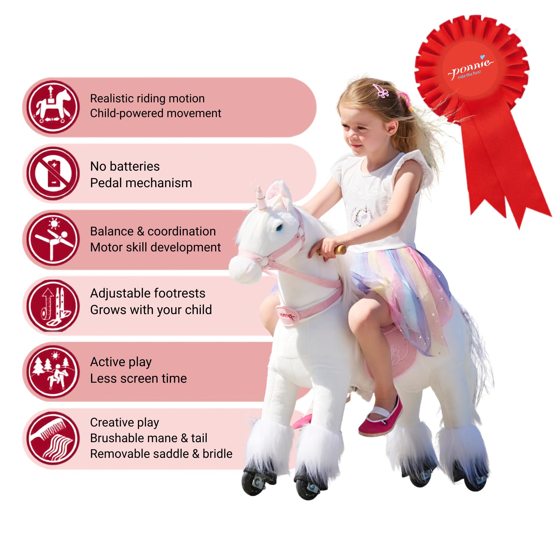 PONNIE Einhorn mit Rollen Unicorn S für Kinder 3–6 J (30 kg) – Ohne Batterie – Mitwachsend Dank höhenverstellbarer Steigbügel – Kämmbar, mit abnehmbarem Rosa Sattel – drinnen&draußen – 87 cm