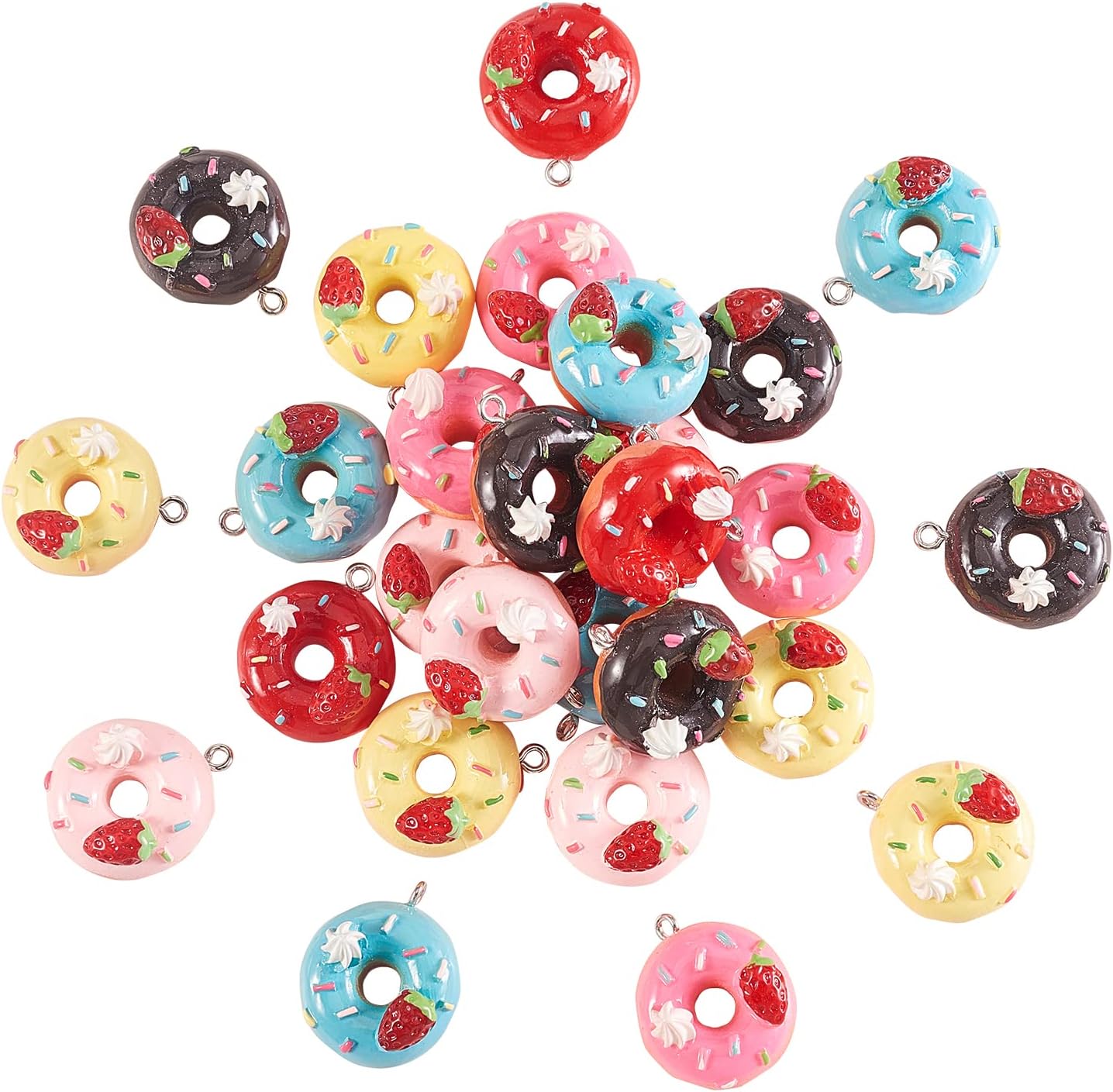 LiQunSweet 30Pcs 6 Colors Doughnut with Strawberry Charms Resin Donut Dessert Cake Small Pendants for Keychain Jewelry Making Craft DIY Decoration Ornament - 25x21mm