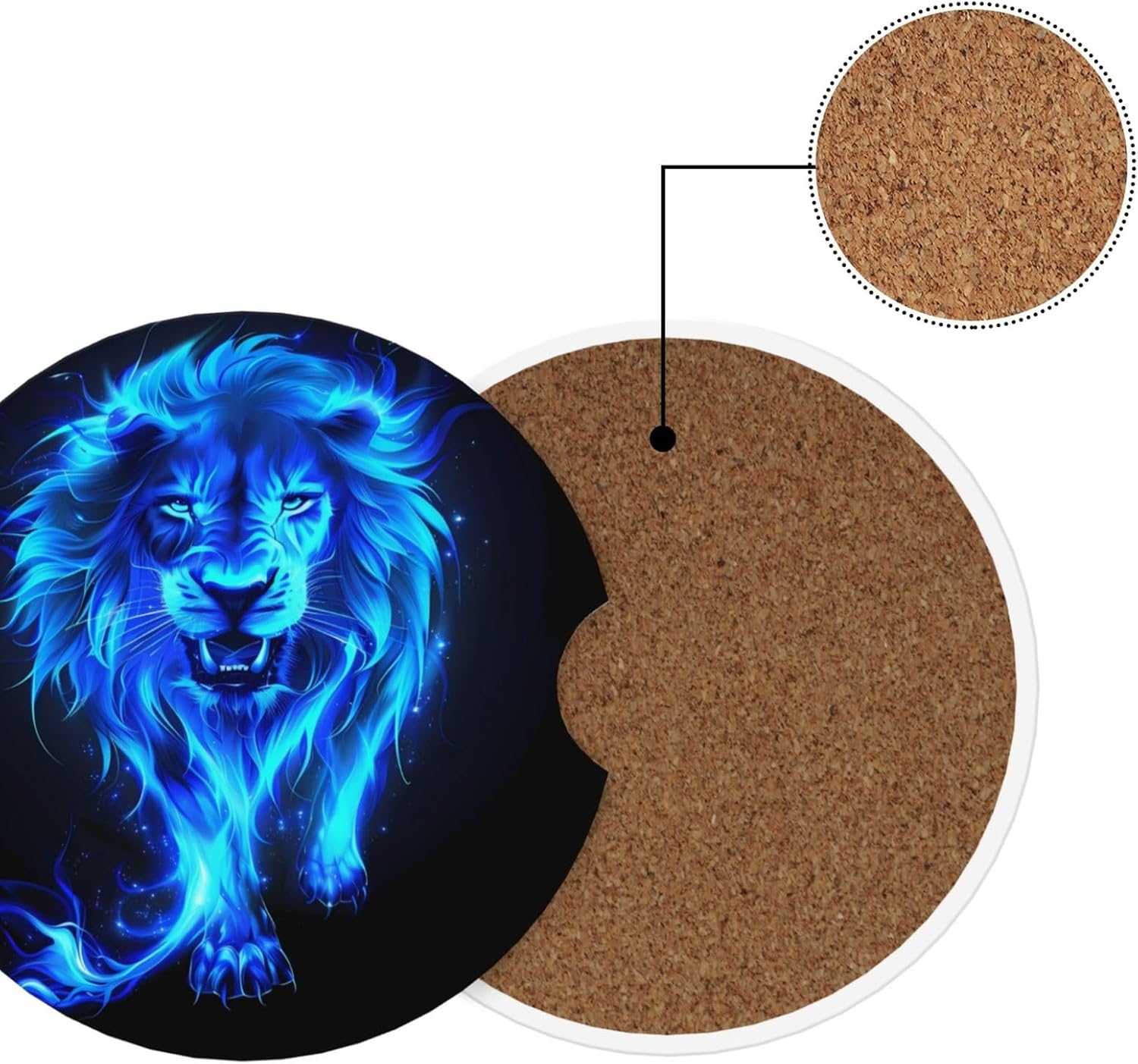 2 Pack Neon Blue Flame Lion Car Cup Holder Coasters, 2.56 Inch Anti Slip Ceramic Absorbent Coaster with Cork Base and Finger Notch Car Accessories Interior for Women & Men