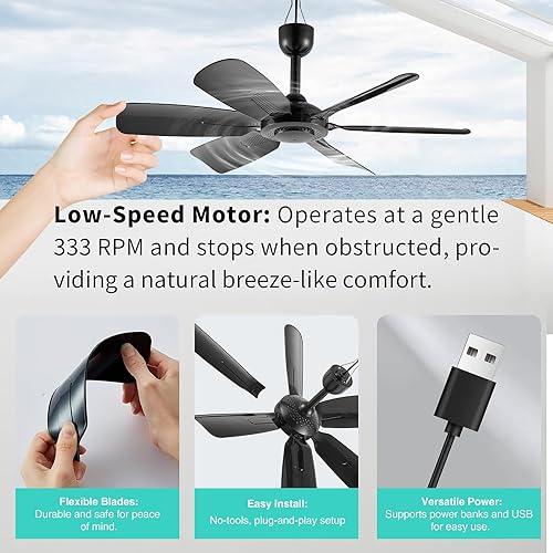 Miniatura 4 de Ventilador colgante USB portátil de 17.7 pulgadas con 6 cuchillas, uso en interiores y exteriores, para caravana, campamento y toldo, funcionamiento