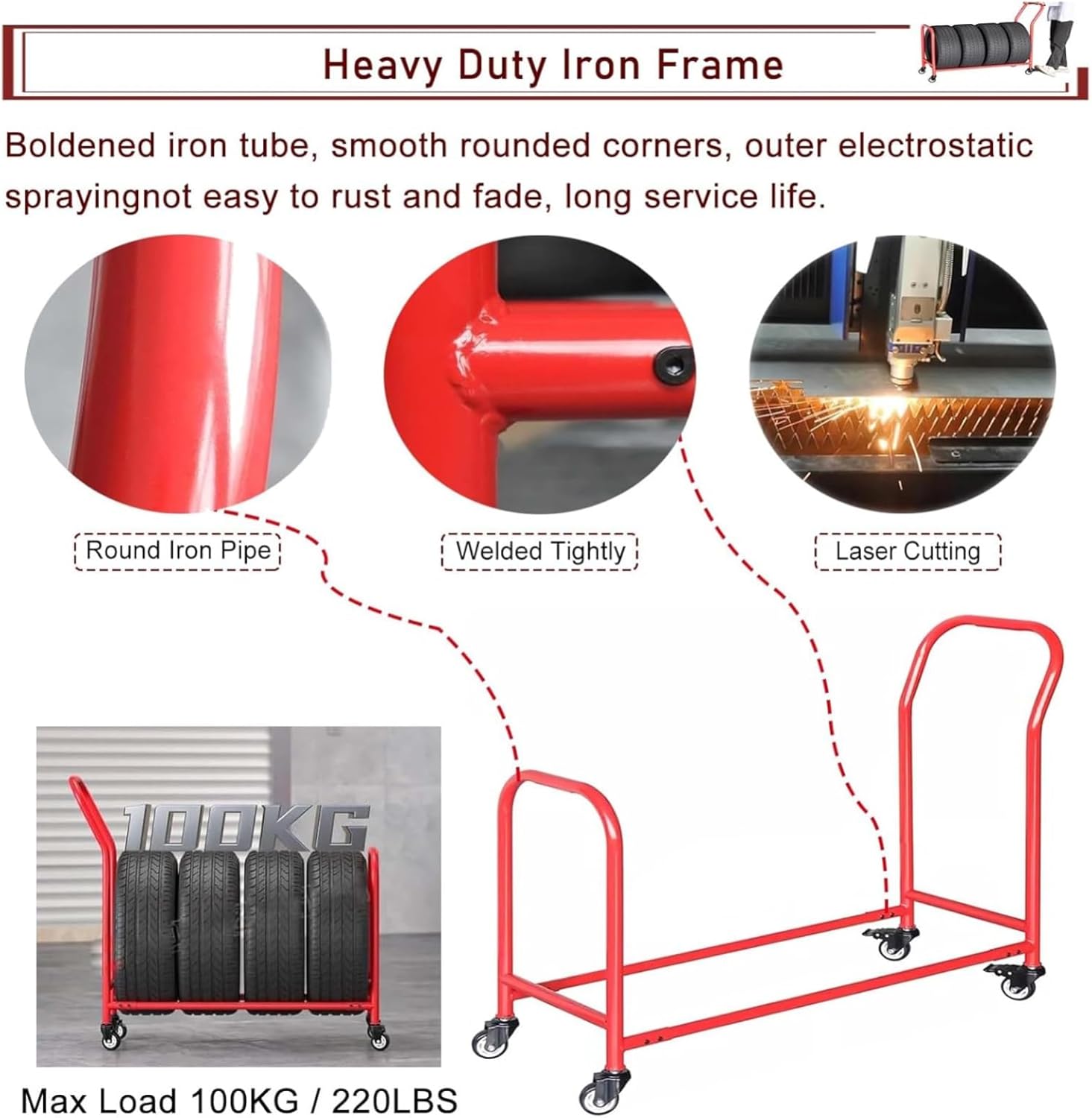 Movable Red Tyre Racking with 2 Brake Wheel, Protable 4-tire Display Rack for Repair Shop/Tool Library/Basements