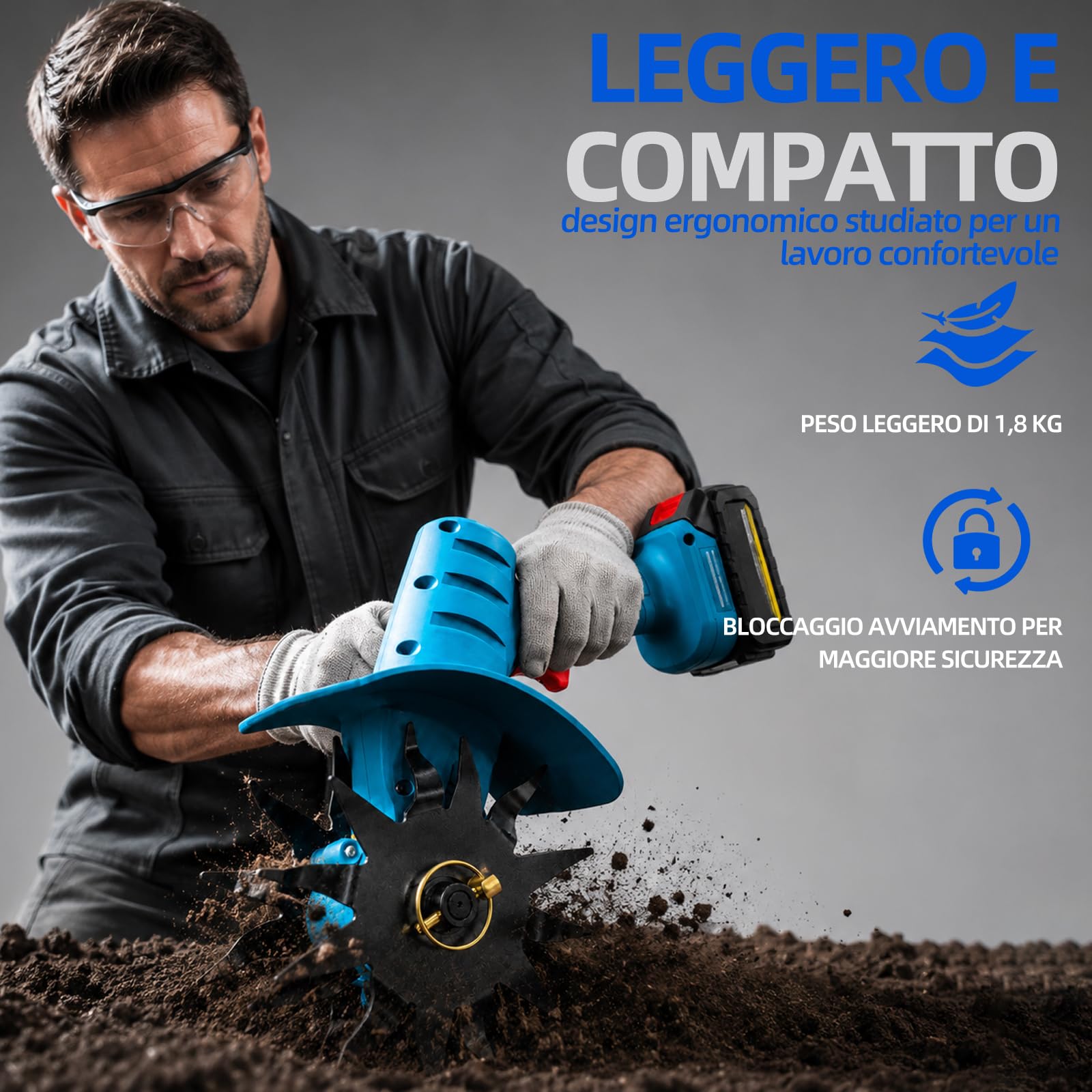 Motozappa portatile senza fili 350W – Fresatrice da giardino con 4 lame – Profondità di lavoro 195mm, larghezza 160mm – Alimentazione 18V (corpo solo, batteria non inclusa)