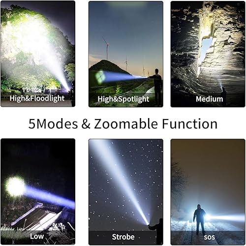 Miniatura 7 de Xbnmex Linternas LED recargables de alto lúmenes 900000, linterna impermeable súper brillante con enfoque ajustable, 5 modos e impermeable, potente