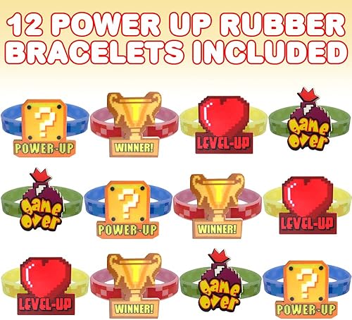 Miniatura 3 de ArtCreativity Pulseras de goma Power Up para niños, juego de 12, coloridas pulseras de goma elásticas con iconos clásicos de videojuegos, divertidos