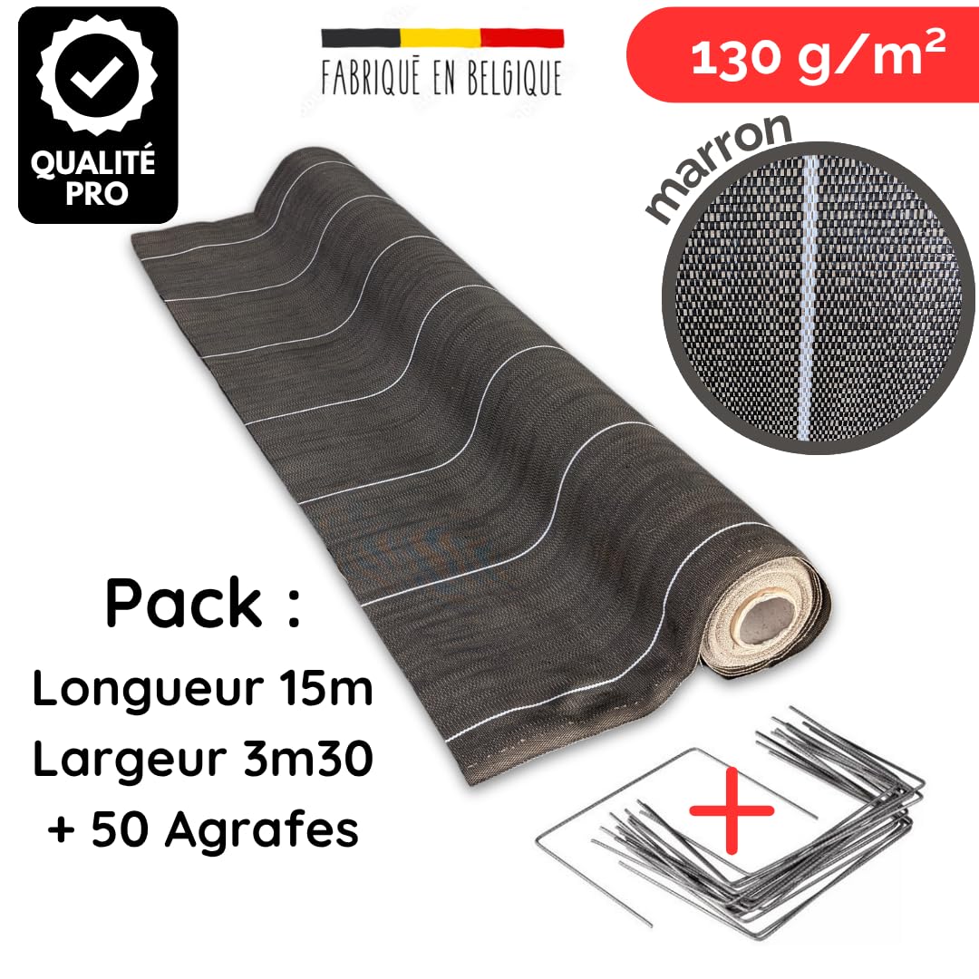 Pack Agrafes et Toile de paillage Grande Largeur 3,30m - Anti Mauvaises Herbes Longueur 15m - Lot Bache Marron 130 grammes par m2 - Geotextile - Large 3M ZENLYS