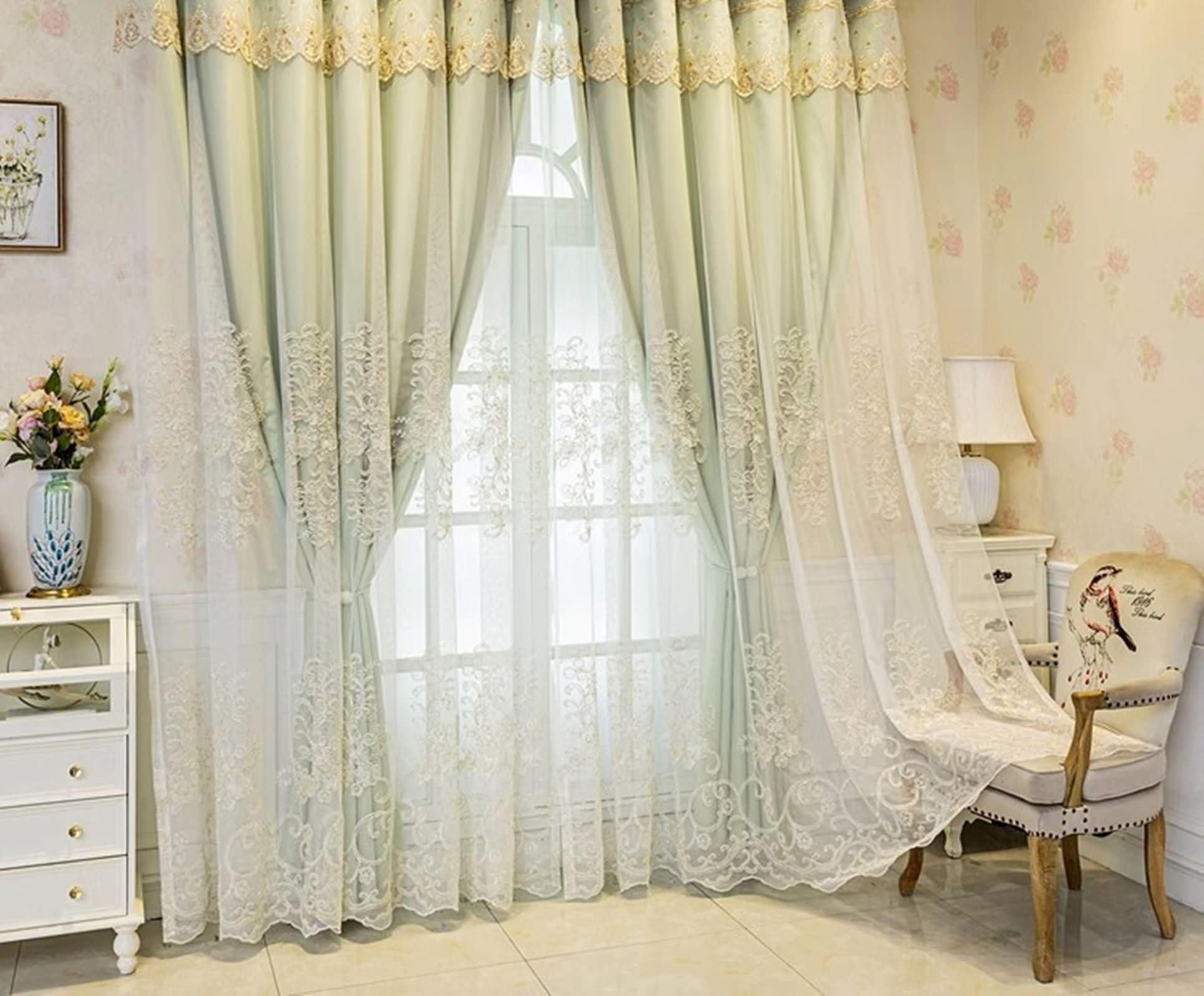 Tenda Oscurante Finestra, 132x115cm Ricamo in pizzo doppio strato Tenda oscurante per l'oscuramento della stanza, Pleat Hook, Verde