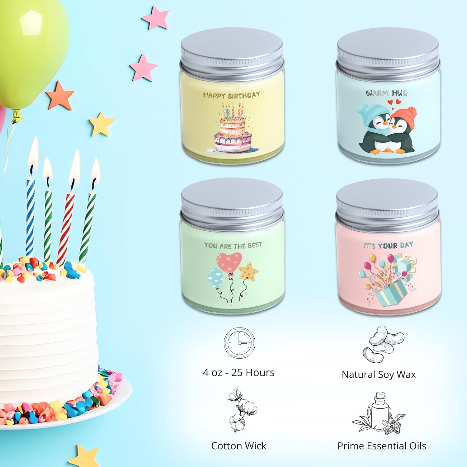 Luina Birthday Candle Gift Set – Scented Soy Candles in Glass Jars, 4 Pack Scented Candle Set for Home Fragrance, Happy Birthday Gift for Women, Friends, Mom, Giftable Candle Set