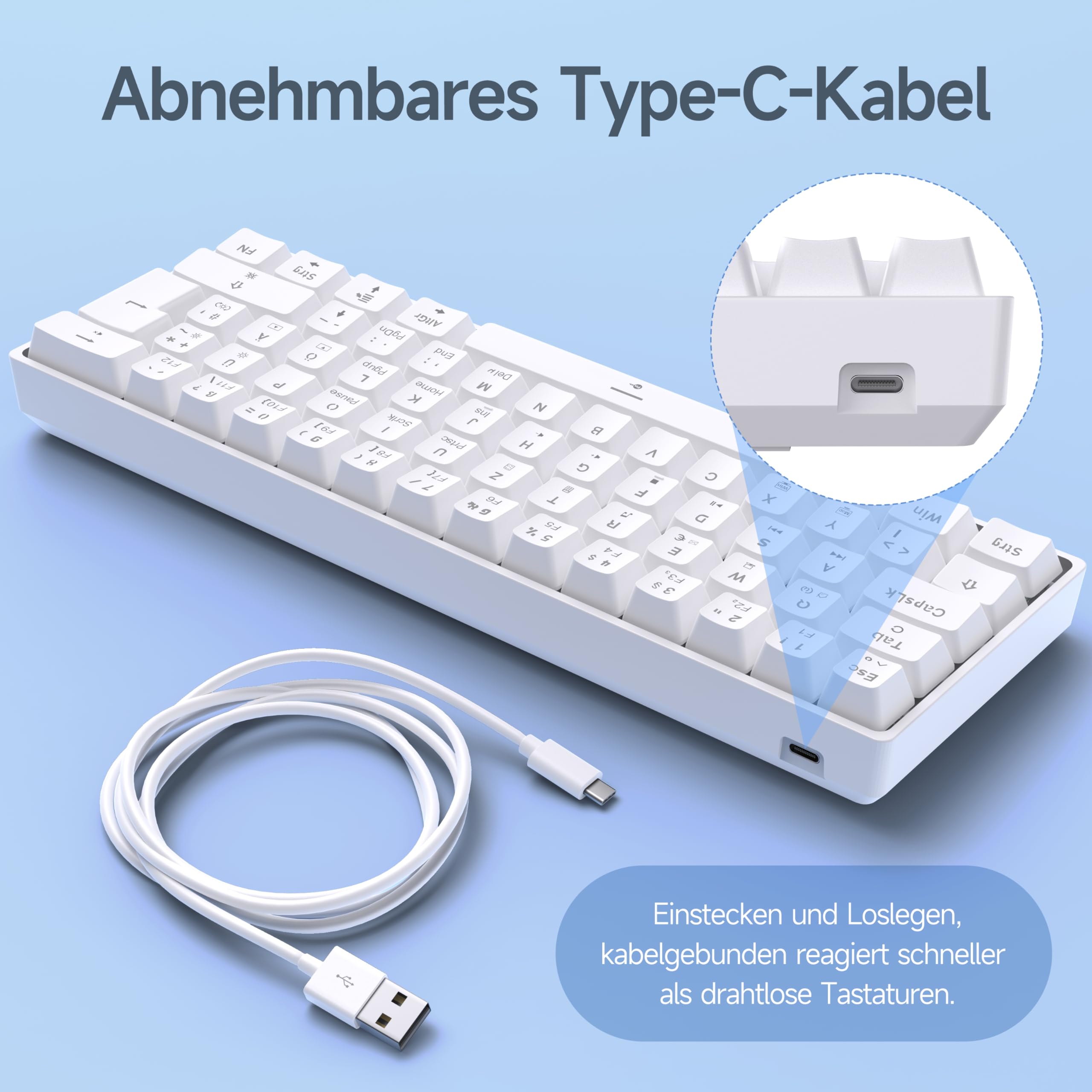 TMKB T61SE Gaming Mechanische Tastatur mit Deutsches QWERTZ Layout,Rote Schalter,weiße