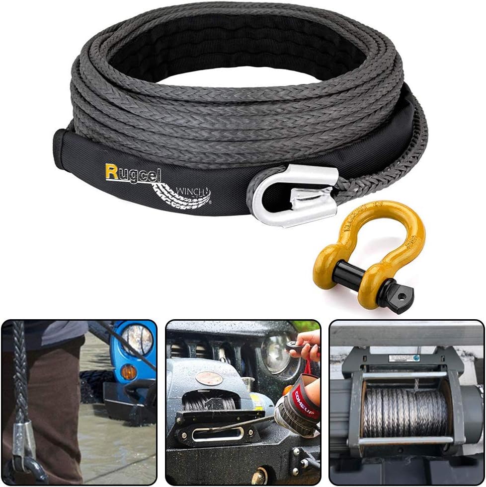RUGCEL WINCH 3/8 x 100ft Dyneema Synthetic Winch Rope 20,500LBs with Hook Car Tow Recovery Cable