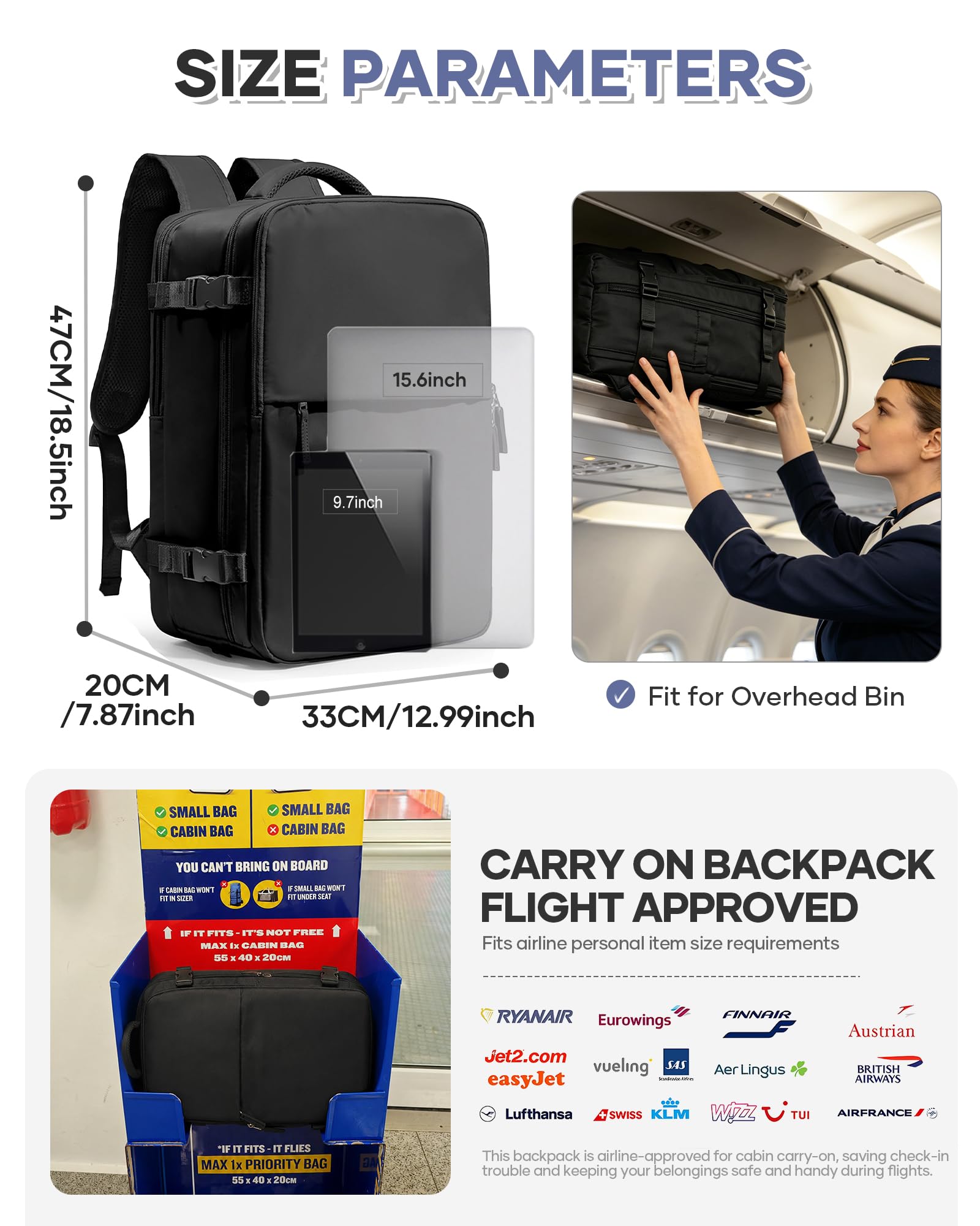 SZSYCN Zaino Ryanair 40x30x20 Sottovuoto con Pompa Zaino da Viaggio Aereo | Zaino Sottovuoto Ryanair 47x33x20 Bagaglio a Mano con Pompa Borse Antifurto per Laptop da 16 Pollici Zaino Impermeabile