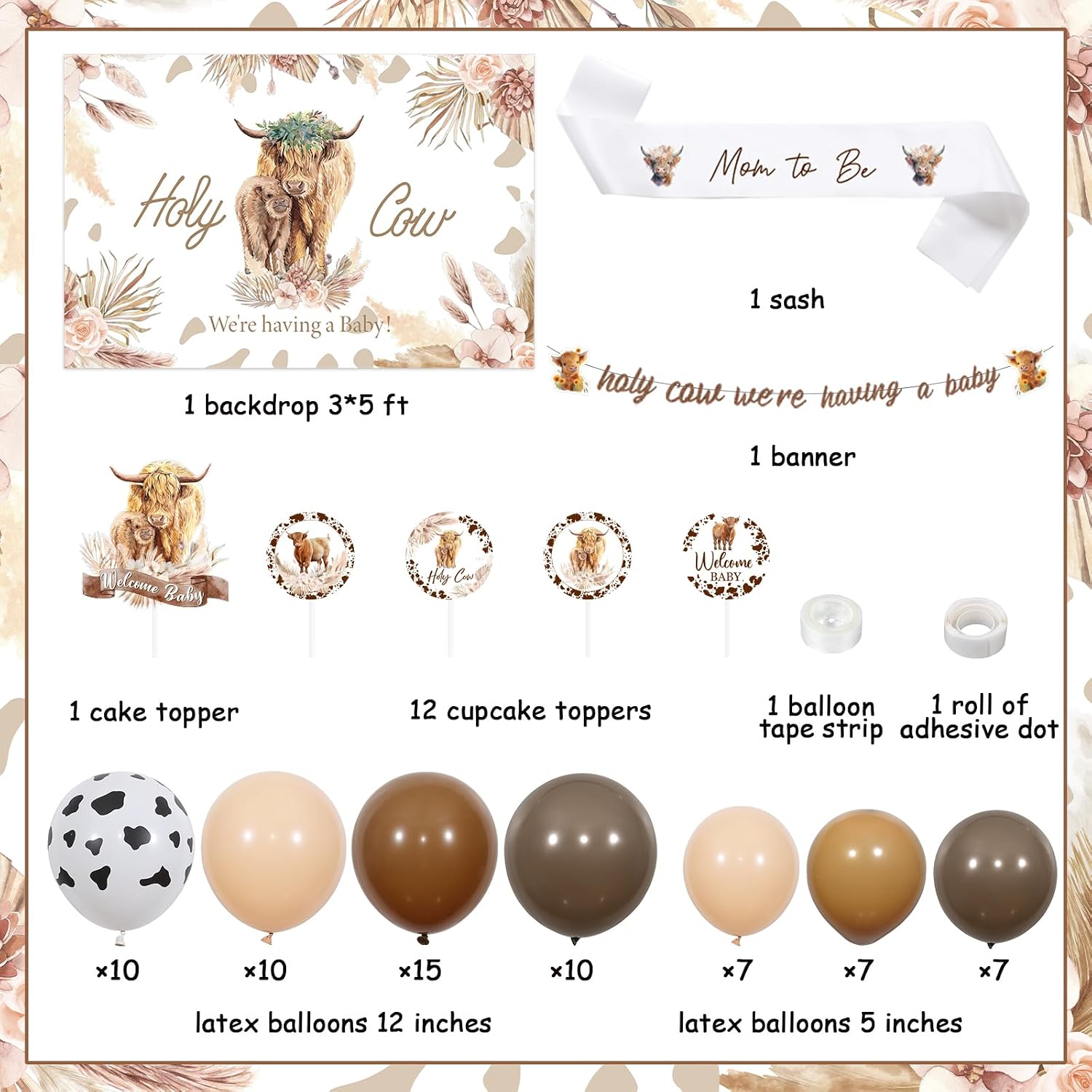 Jollyboom Highland Cow Baby Shower Decorations, Holy Cow We’re Having A Baby Backdrop Banner Mom to Be Sash Cake Cupcake Topper Brown Cow Print Balloon Garland Arch Kit for Boy Girl Baby Shower