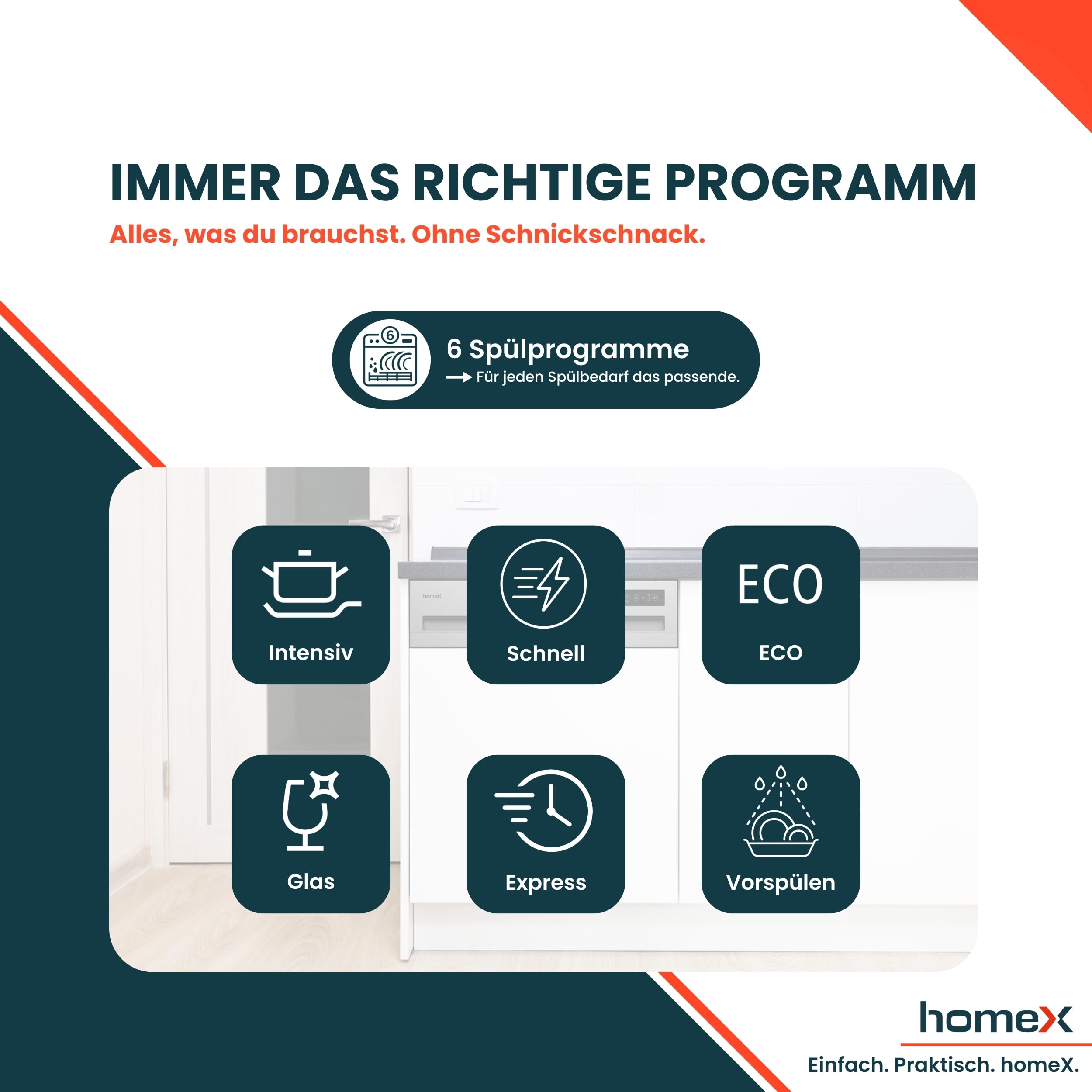homeX DWSI601449E Geschirrspüler 60 cm teilintegrierbar 14 Maßgedecke 6 Programme AquaStop 49 dB Touch Control Einbaugeschirrspüler
