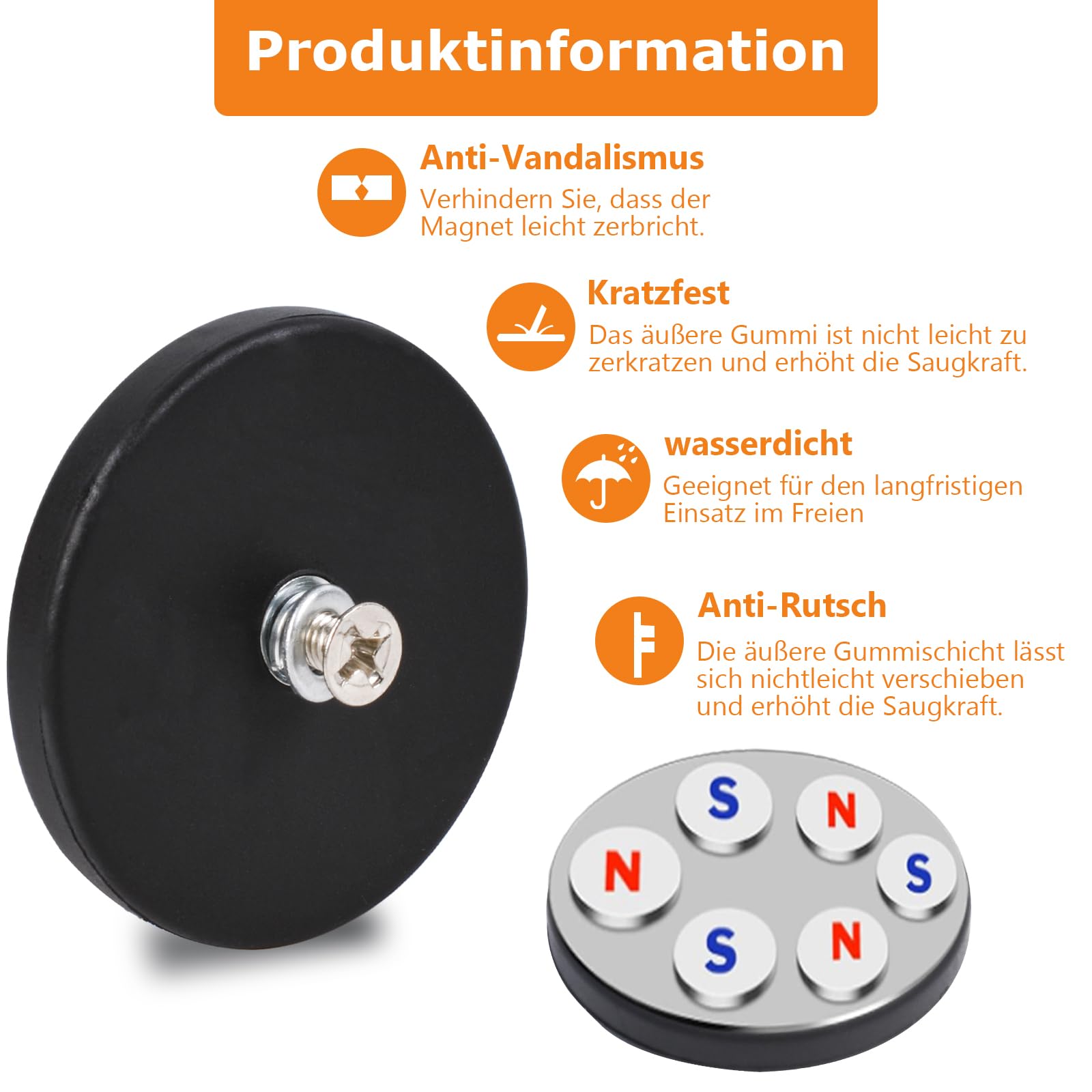 Neodym Magnete Gummiert, Magneti al neodimio gommati, potenti magneti gommati antiscivolo, forza di tenuta 30 kg Ø 66 mm con filettatura interna M6 Base, 4 pezzi