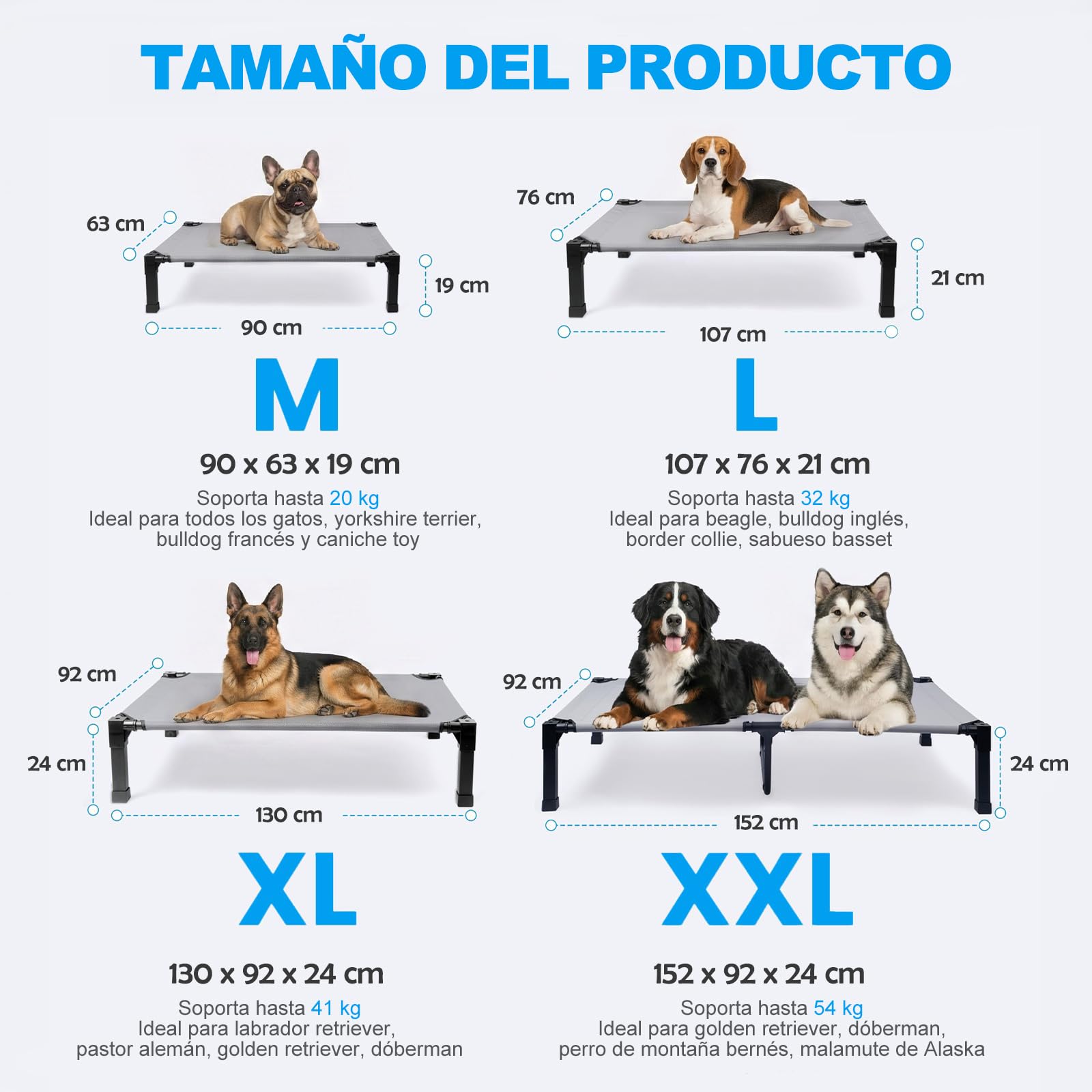 Niubya Cama Elevada para Perros Medianos L 107x76x21cm, Malla Resistente, Marco de Acero Antideslizante Jardín Camping
