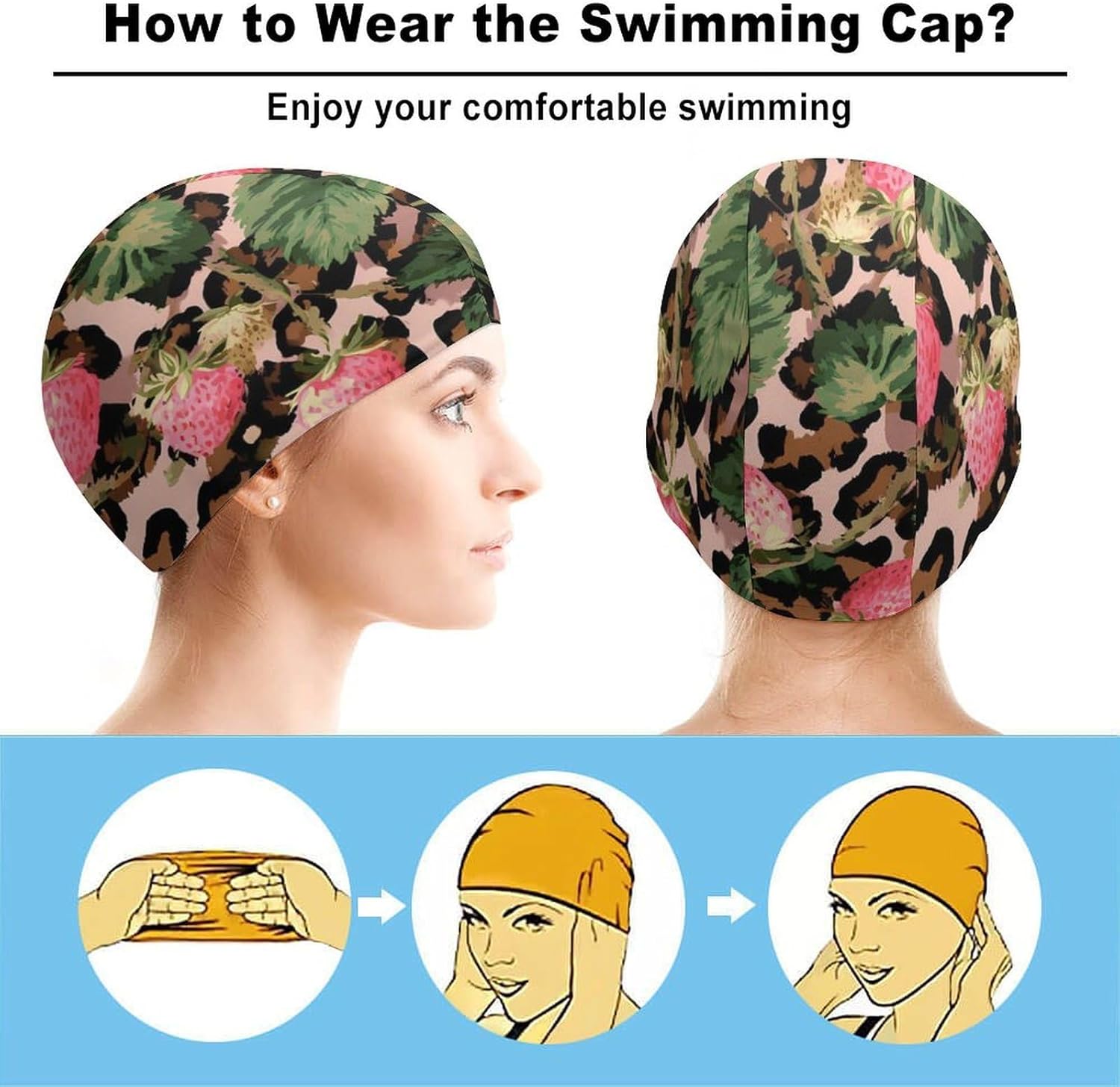 Leopard Print Strawberries Leaves Womens Swim Cap for Men Adult Swimming Hat Curly Short Medium Long Hair