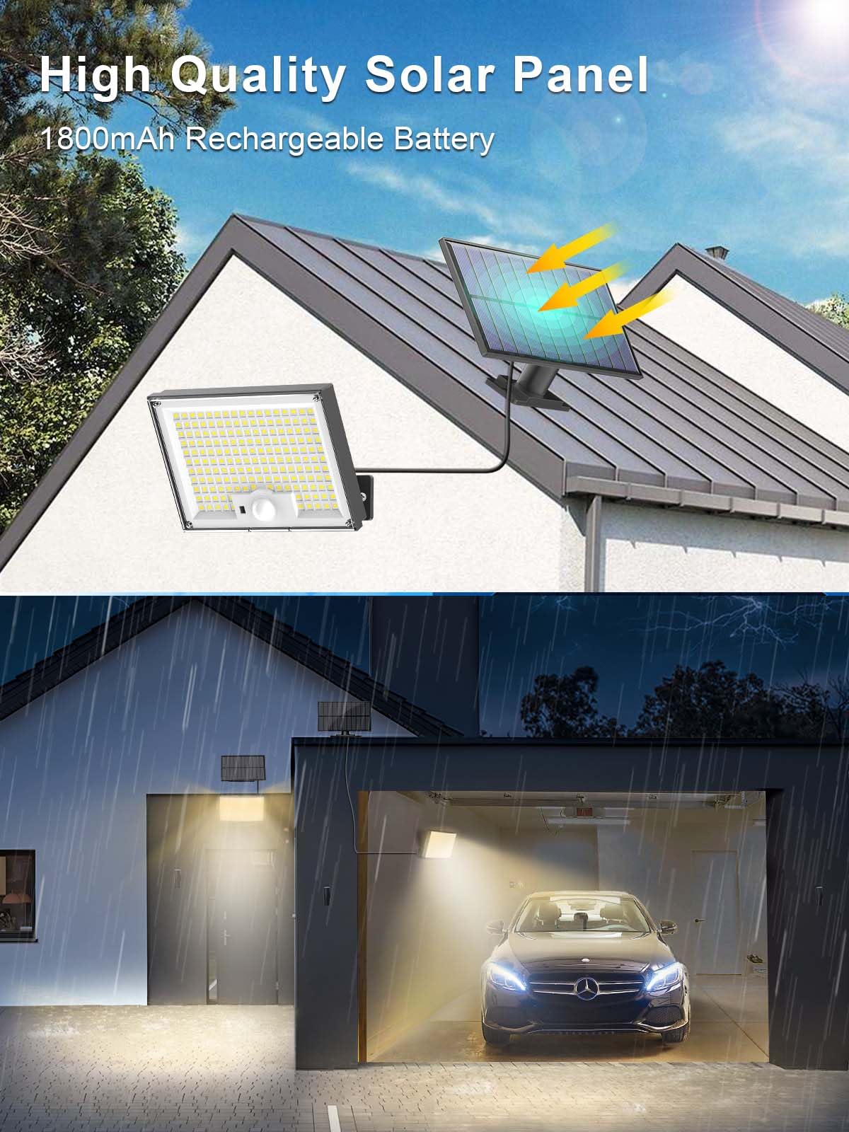 Faretti Solari a LED da Esterno, 172 LED Luce Solare LED Esterno con Sensore di Movimento, IP65 Impermeabile Luci Solari da Esterno con Telecomando, Lampade Solari con Estensore da 5M Bianco Caldo