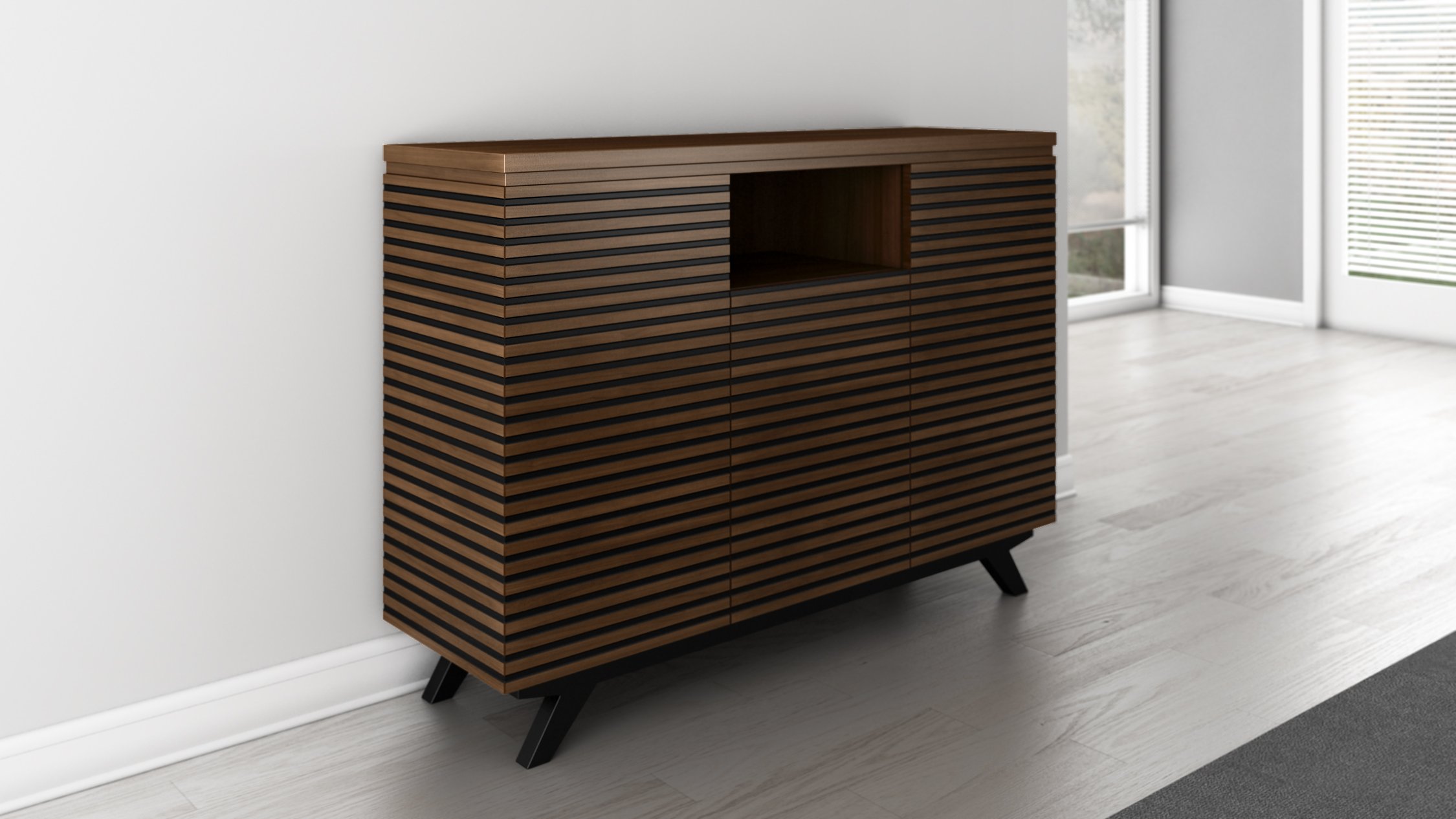 Furnitech47" Mid - Century Modern Media Storage Dresser with a Cognac Finish Over Brazilian Cherry Wood veneers and Solid Black Cherry Wood Legs