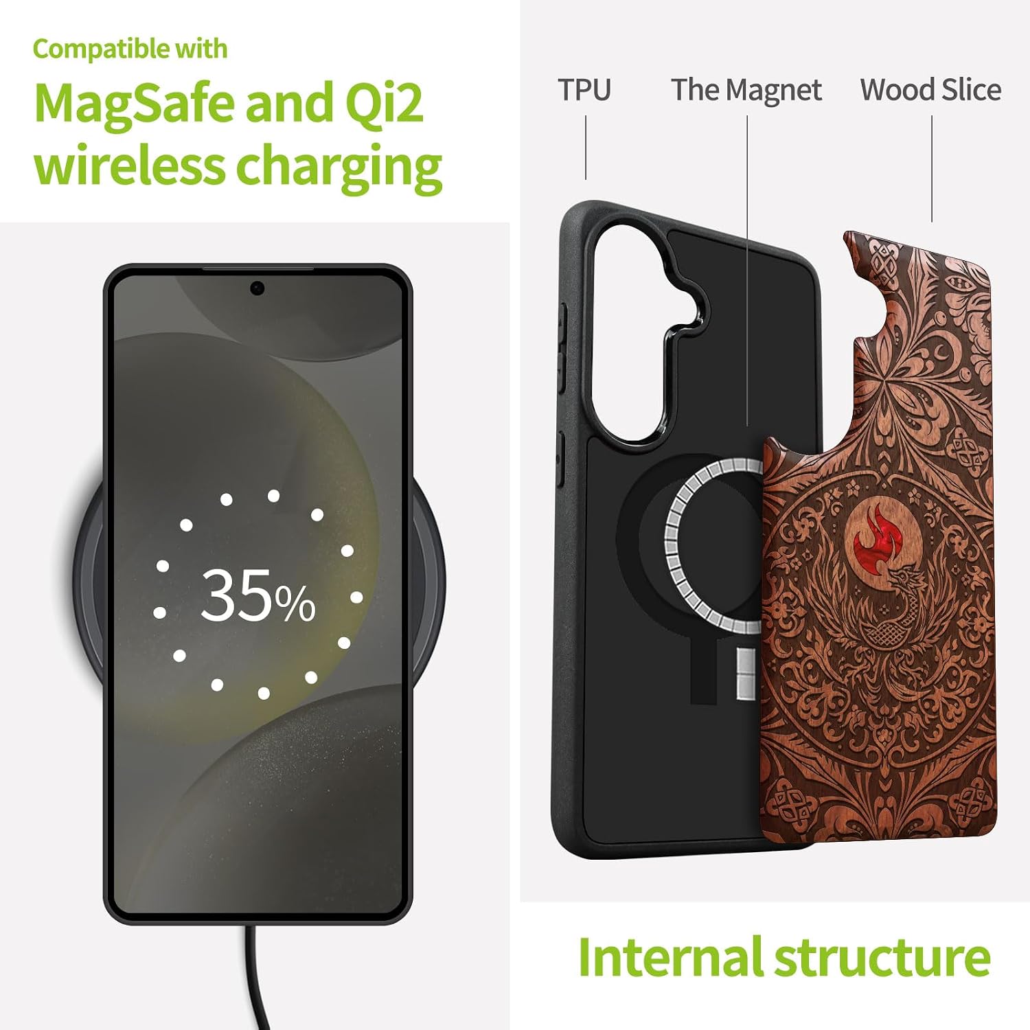 Carveit Magnetic Wooden Case for Samsung Galaxy S26 Case, Wood Artisan Engraved & Handmade Shell Inlaid, Compatible with MagSafe Wireless Chargers (The Phoenix Mandala of Renewal) Rosy