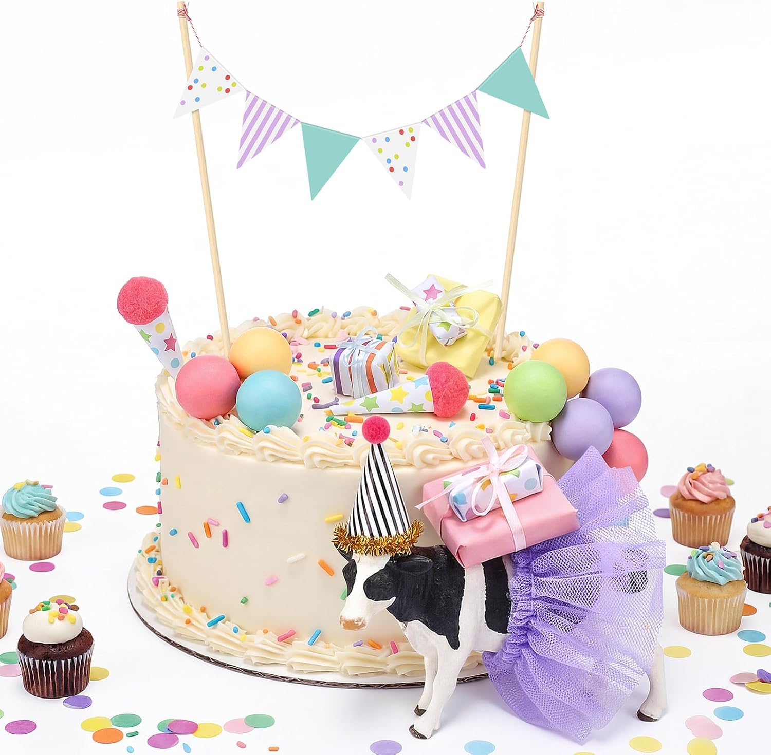 Weysat 19 Pcs Cow Cake Toppers Decorations Set Mini Birthday Hat Skirt Triangle Flag Banner Decor Balls and Ice Cream Cone Cake Topper for Cow Theme Birthday Gender Reveal Party Decorations