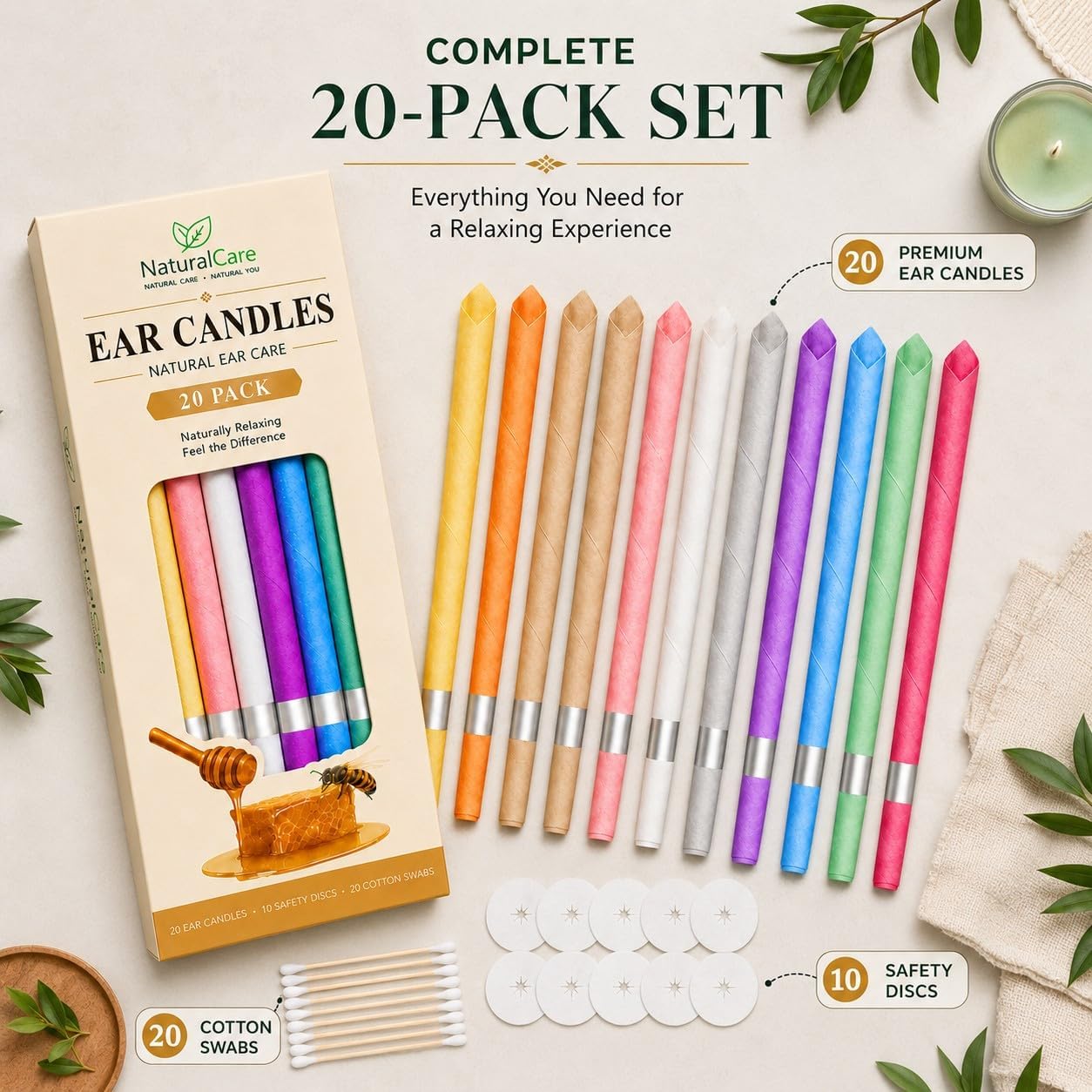 20 Pcs Ear Wax Cleaning Set Available in 10 Colors and Fragrances, Includes Cotton Swabs, Candle Drip Protector, Beeswax,Storage