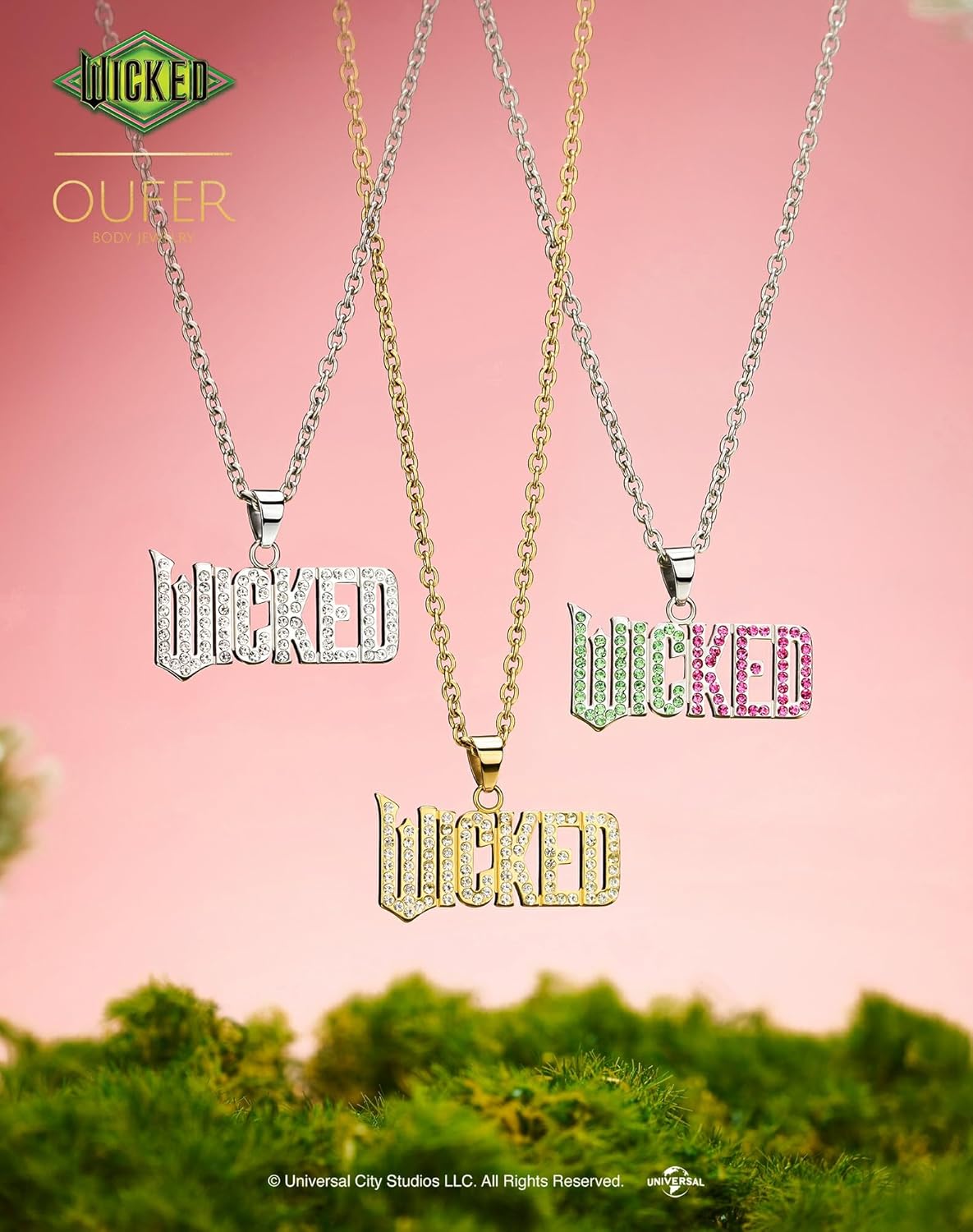 OUFER Officially Licensed Wicked Pendant Necklace, Stainless Steel CZ Pendant Necklace, Keepsake Box Included, Adjustable 15.75–17.72 in (40–45 cm), Gold Tone PVD/Silver/Green & Pink CZ