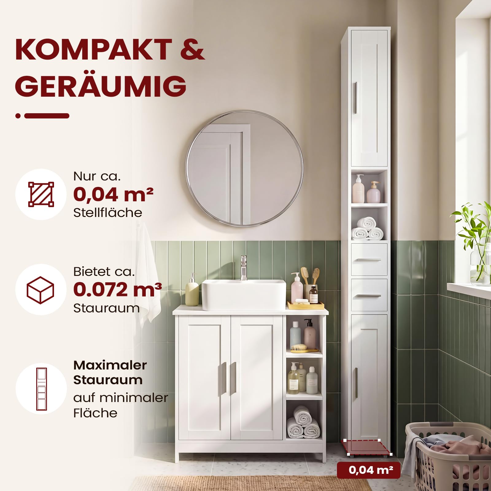 APICIZON Badezimmerschrank, Badschrank Hochschrank, Badezimmerschrank schmal, Badschrank mit verstellbaren Einlegeböden und Schublade, Nischenschrank für Waschbecken, WC, Waschmaschine, Weiss