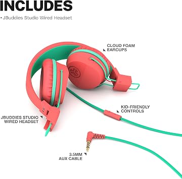JLab JBuddies Studio on-Ear Kids Wired Headphones with mic, Volume Limiter, Foldable, Adjustable, Each