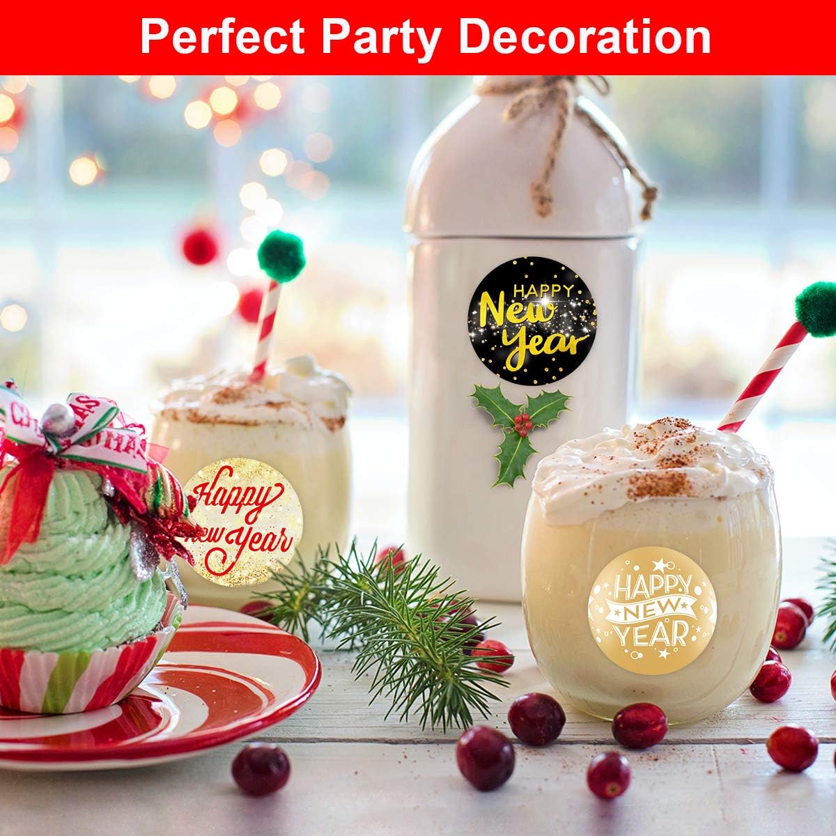 Fancy Land Happy New Year Stickers Black & Gold New Year Labels 500Pcs Faux Glitter Tags for Holiday Party Decoration