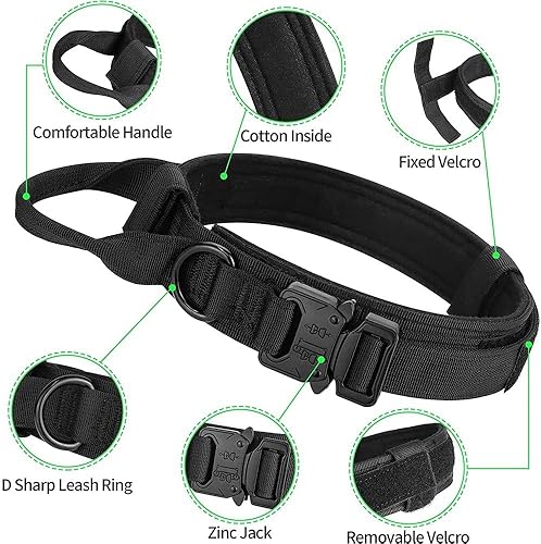 Miniatura 5 de Collar táctico para perro, resistente, ajustable, personalizado con asa y hebilla de metal para entrenamiento de policía militar, color negro (XL-L)