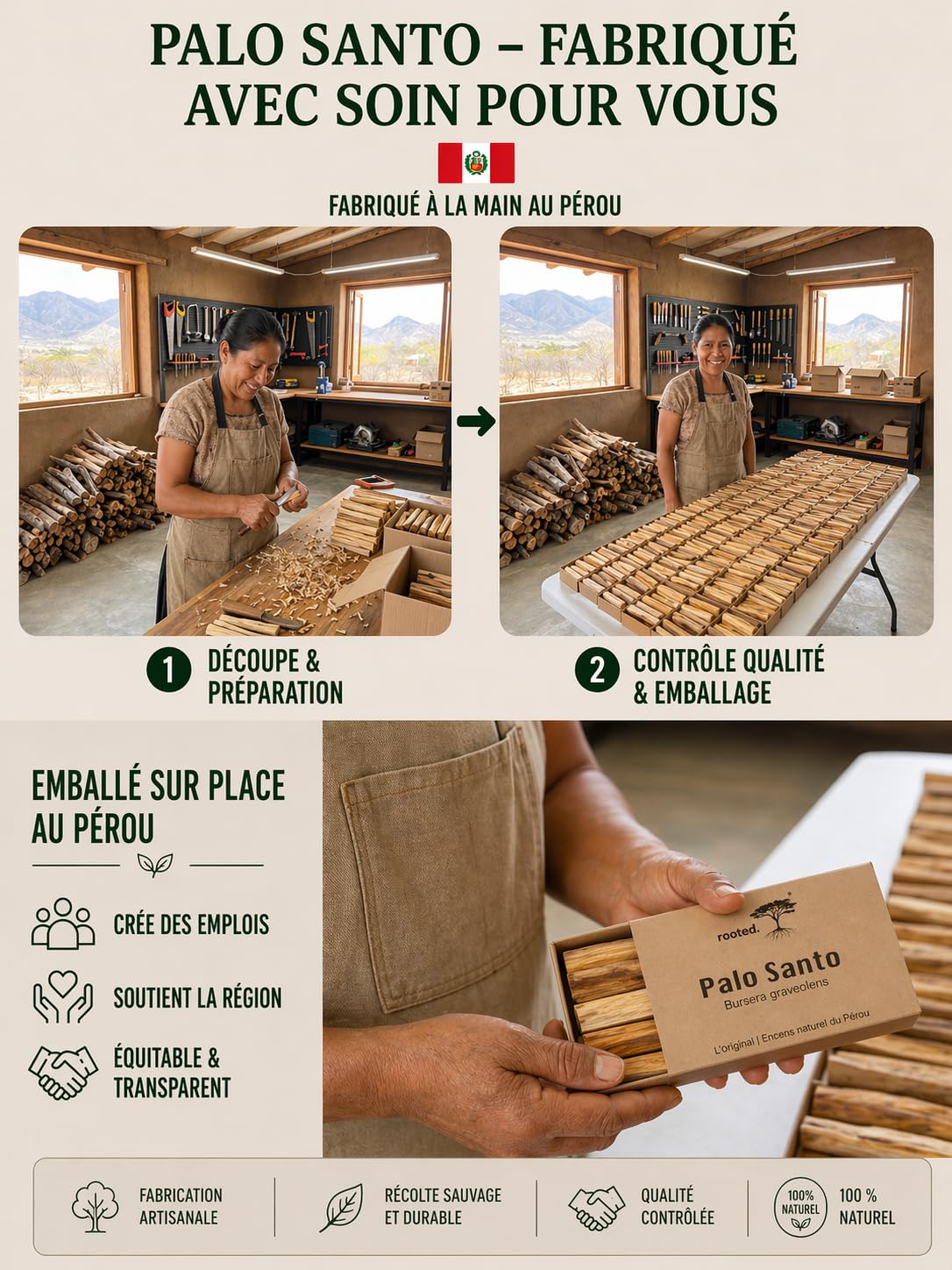 rooted.® L'Original Palo Santo - Bois sacré du Pérou - Encens - Méditation et Purification - Récolte Durable