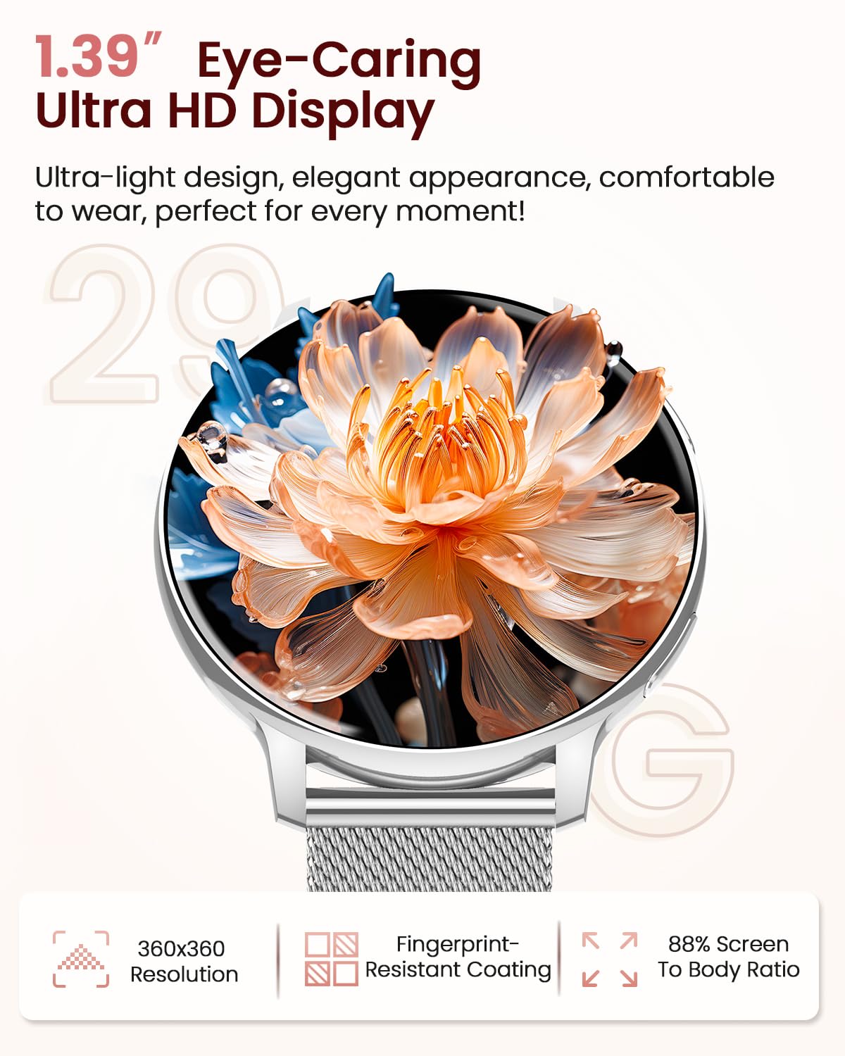 SWGOTA Smartwatch Donna con Chiamate WhatsApp, 1,39" HD Orologio Fitness con 120 Sports 24H Cardiofrequenzimetro, SpO2 Sonno Ciclo Mestruale Smart Watch IP68 Notifiche Calorie per Android iOS Argento