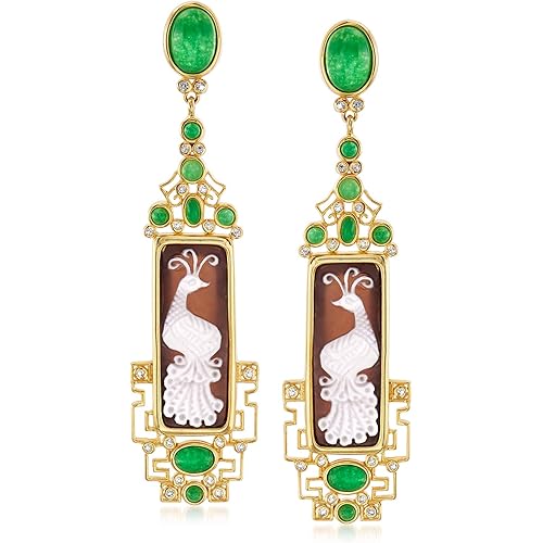 Ross-Simons Italian Shell Cameo, 6.60 ct. t.w. Green Quartz and .50 ct. t.w. White Topaz Drop Earrings in 18kt Gold Over Sterling