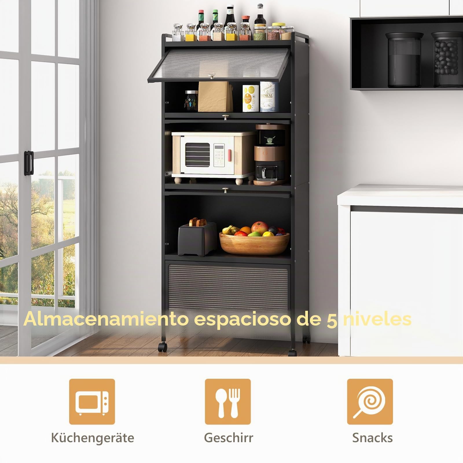 GOPLUS Estantería de cocina con ruedas, armario de cocina con 5 niveles, estantería de almacenamiento con puerta, estantería de pie de metal para salón, cocina, comedor, 60 x 32 x 154 cm (negro)
