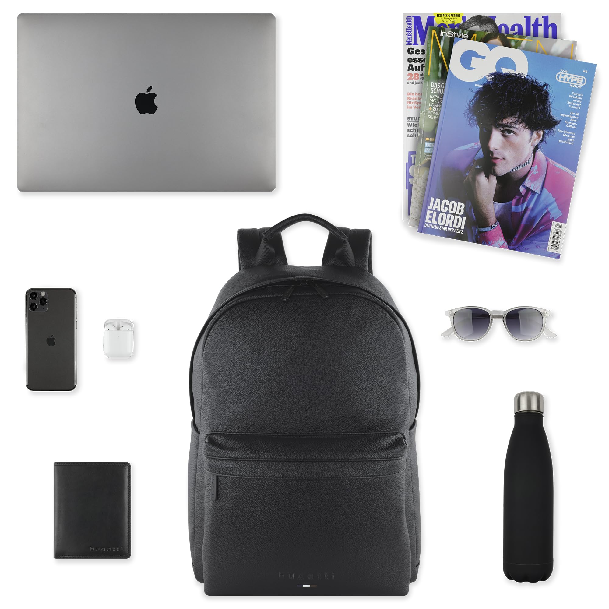 bugatti Rico Mochila de negocios, mochila de cuero sintético con compartimento para portátil de hasta 15", negro
