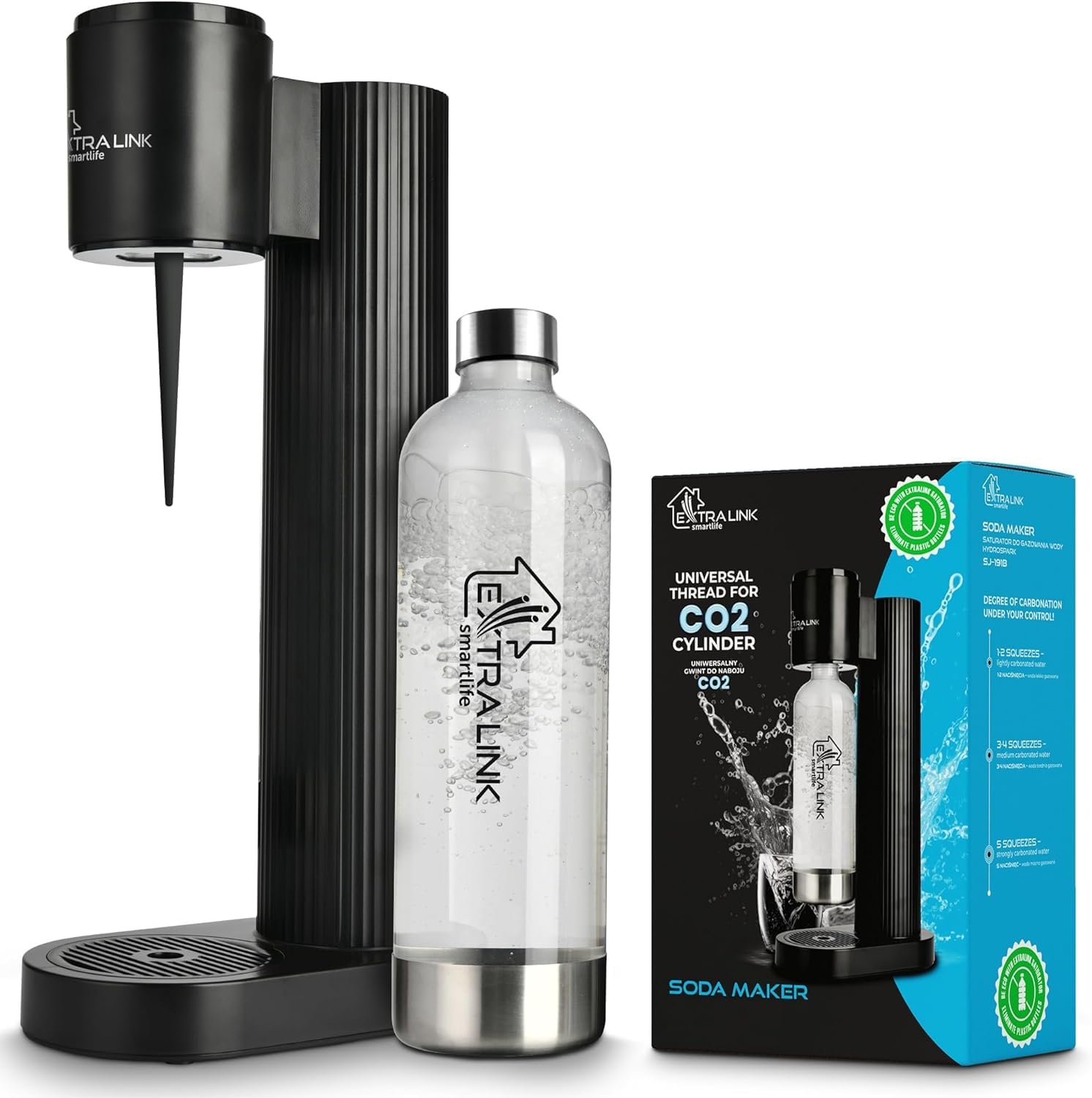 Extralink Máquina para hacer agua con gas Smart Life con botella 1L PET, tamaño compacto, carbonatación de ligera a alta, maquina agua con gas, práctica y elegante, compatible con las botellas de CO2