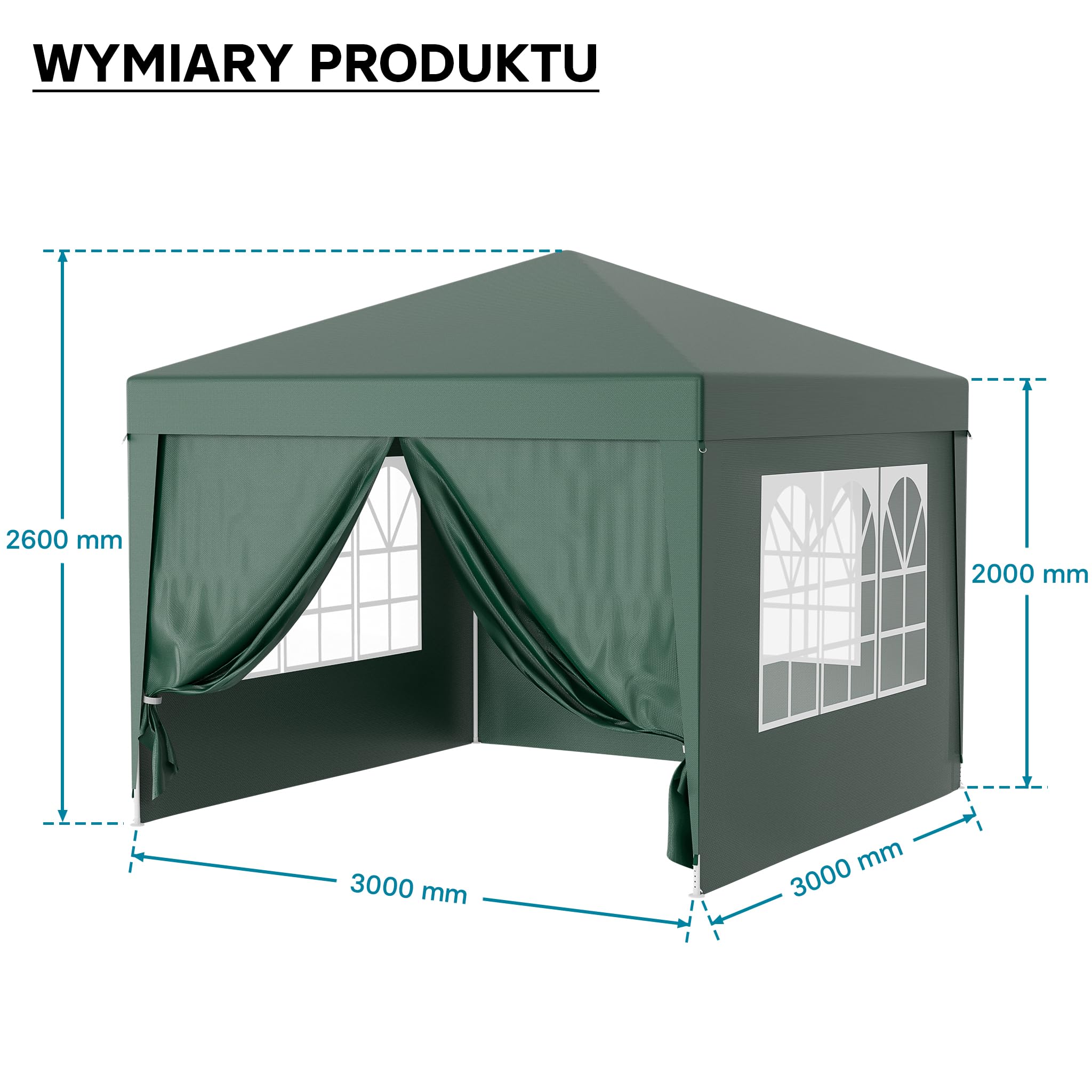 Wiltec Pawilon 3 x 3 m w kolorze zielonym z ochroną UV 50+, altana ogrodowa ze zdejmowanymi bokami, namiot imprezowy z oknami, np. na taras i festiwale