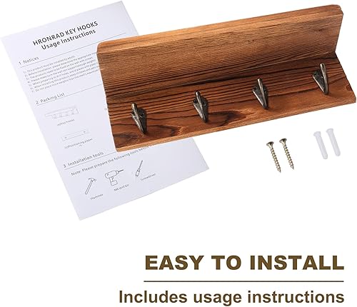 Miniatura 7 de HRONRAD Soporte rústico para llaves de pared, estante de pared de granja con 4 ganchos, soportes para llaves montado en la pared, organizador de
