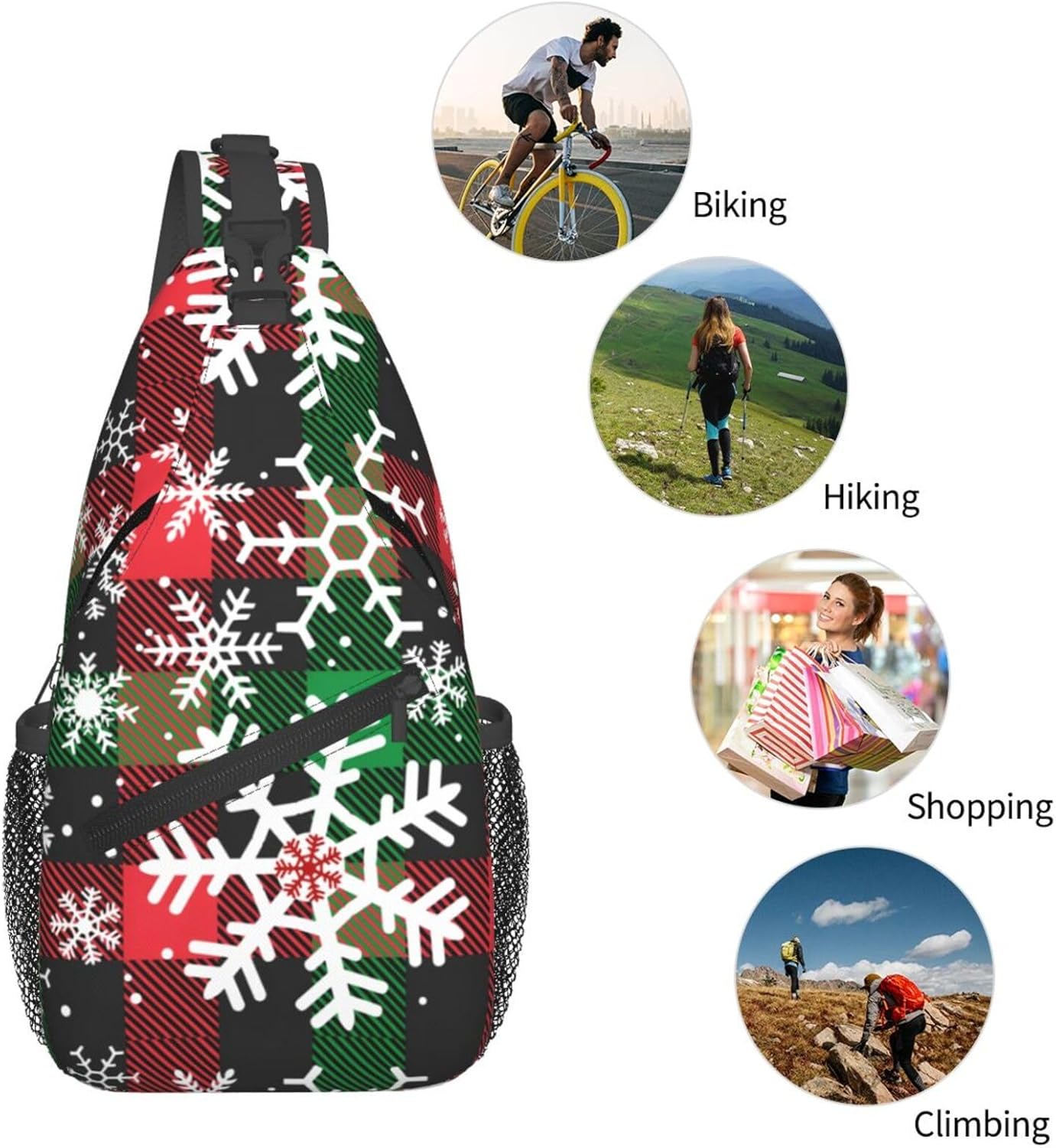 Christmas Crossbody Sling Bag For Women & Men - Adjustable Buffalo Plaid Chest Bag With Snowflakes - Shoulder Bag Sling Backpack Merry Xmas Daypack - Perfect Christmas Gifts