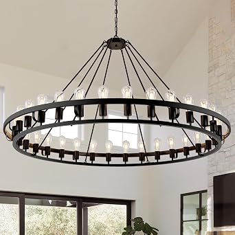 BOOMJOY Wagon Wheel Chandelier 32 Light, 56 Inch Black Wagon Wheel Light Fixture with Adjustable Height, Round Extra Large Chandelier Adjustable Black Farmhouse Chandeliers Large Chandeliers