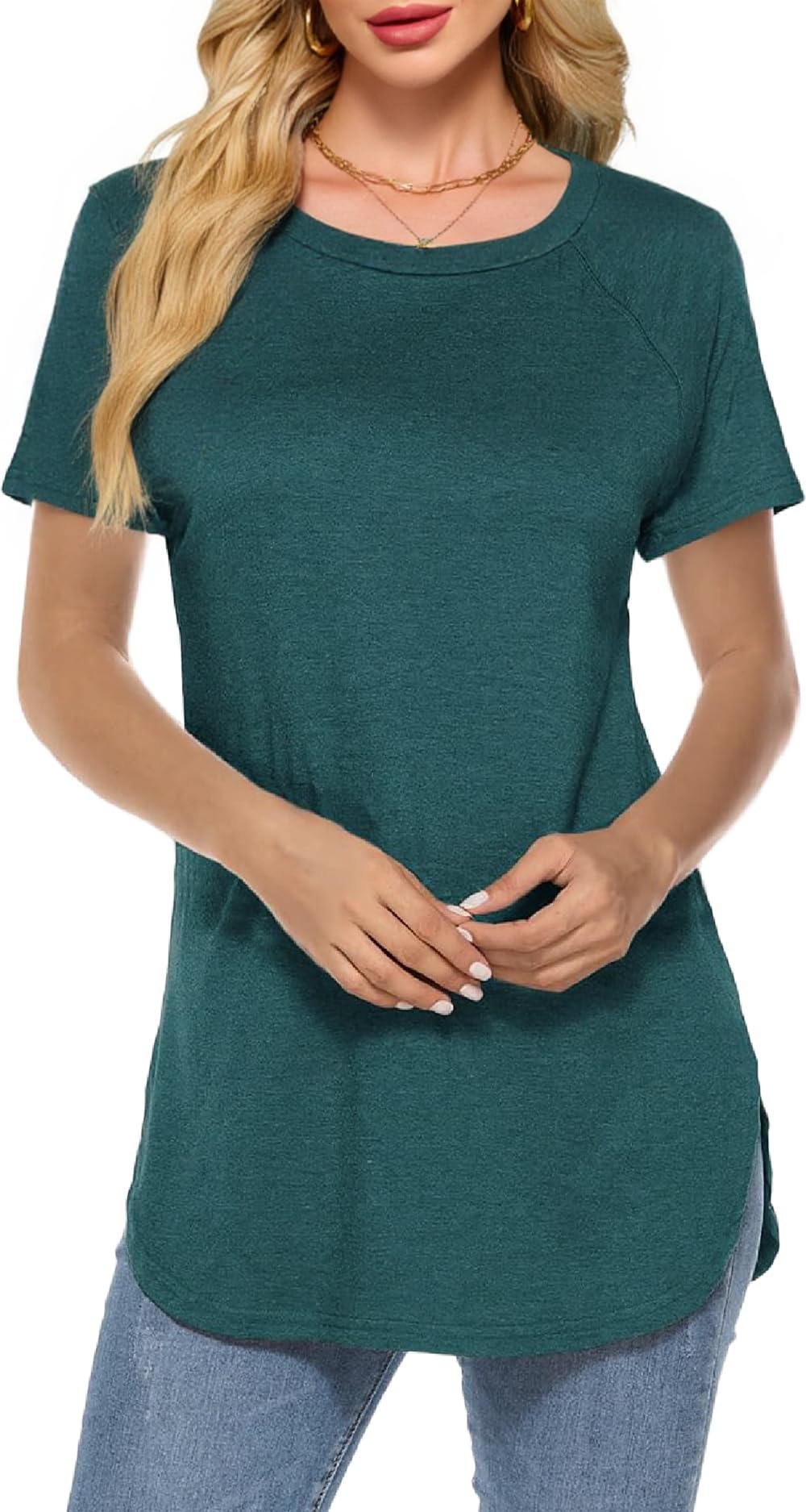 Teesho Damen Longshirt Kurzarm Tshirt Sommer Elegant Oberteile Baumwolle Shirts (Dunkelgrün/XL)