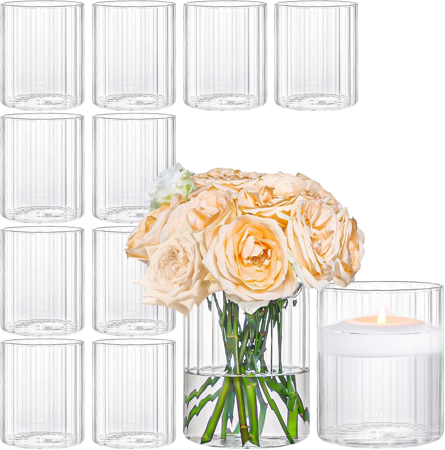 12pcs Glass Cylinder Vases for Centerpieces, Clear Ribbed Vases for Wedding Decorations and Indoor Home Decor, 4 Inch Tall Glass Flower Vases, Hurricane Candle Holder for Table Shelf